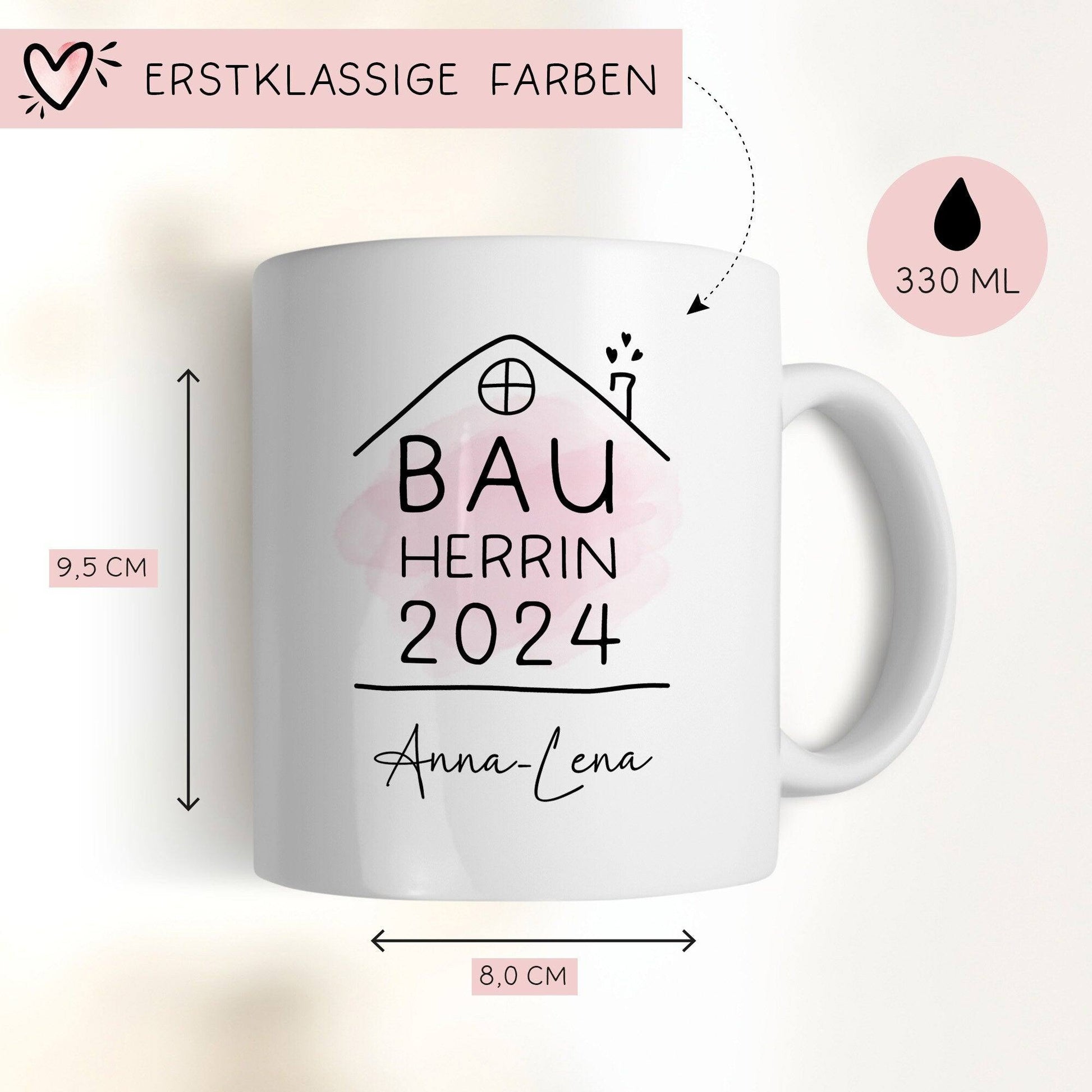 Bauherrin Tasse 2024 Name, Richtfest Geschenk, Becher Geschenke zum Richtfest, Geschenkideen zum Hausbau Einweihung Hausbauer - 330ml  kleinebuchstaben   