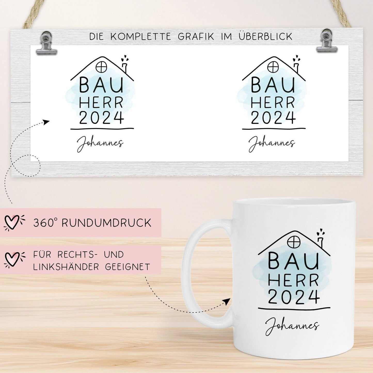 Bauherr Bauherrin Tasse 2024 Name, Richtfest Geschenk, Becher Geschenke zum Richtfest, Geschenkideen zum Hausbau Einweihung Hausbauer -330ml  kleinebuchstaben   