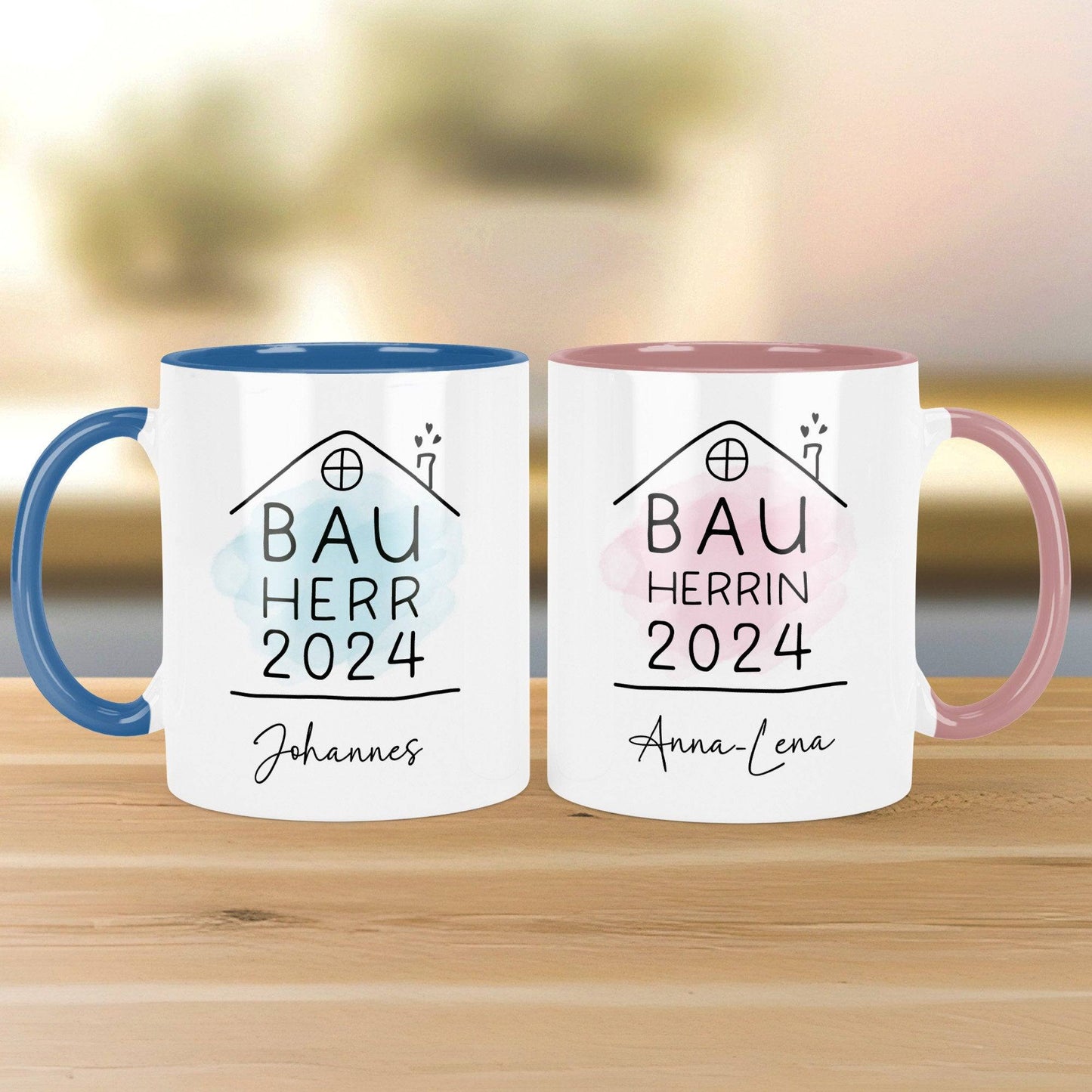 Set Bauherr Bauherrin Tasse 2024 Name, Richtfest Geschenk, Becher Geschenke zum Richtfest, Geschenkideen zum Hausbau Einweihung Hausbauer  kleinebuchstaben   