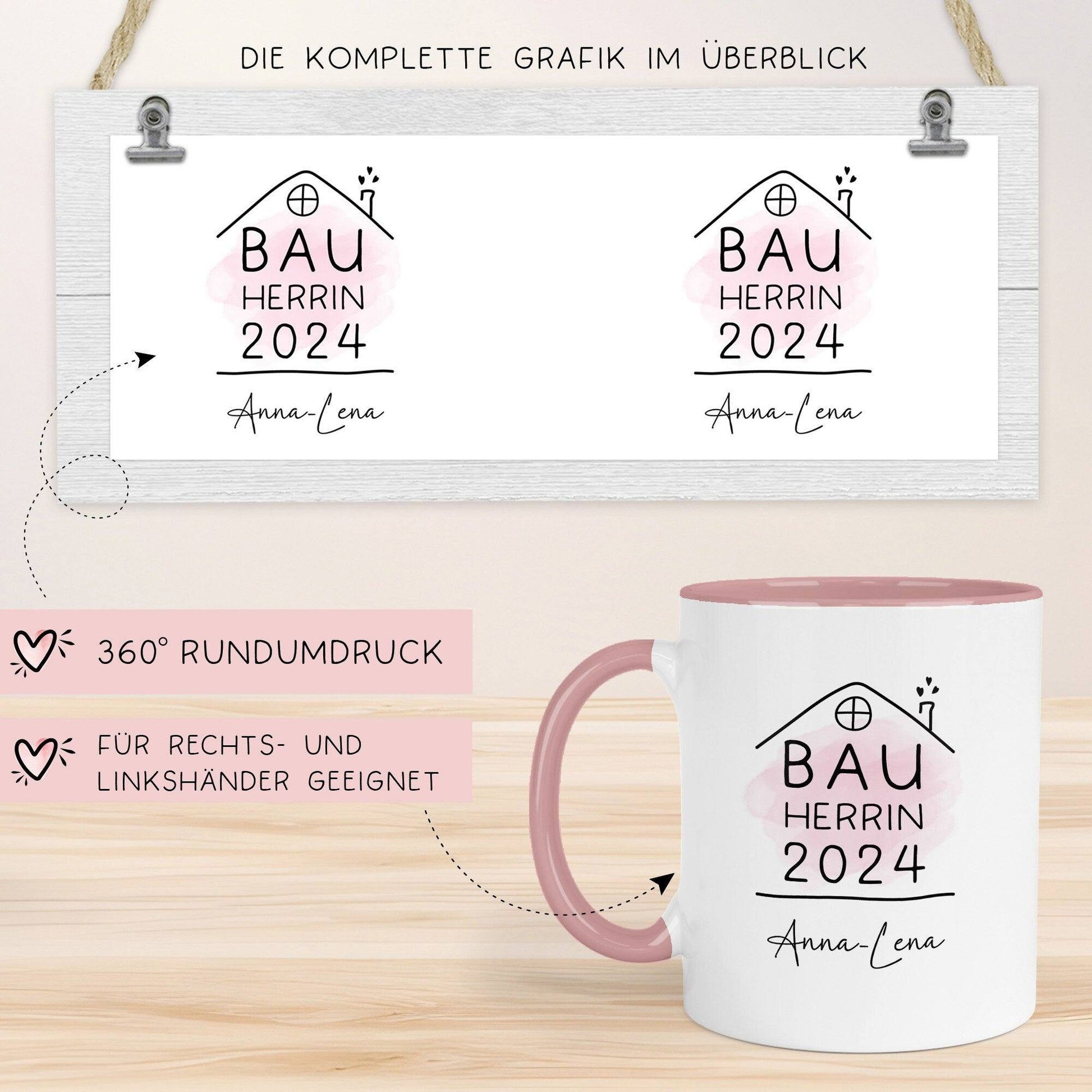 Set Bauherr Bauherrin Tasse 2024 Name Personalisiert, Richtfest Geschenk, Becher Geschenke zum Richtfest, Geschenkideen zum Hausbau Einweihung Hausbauer  kleinebuchstaben   