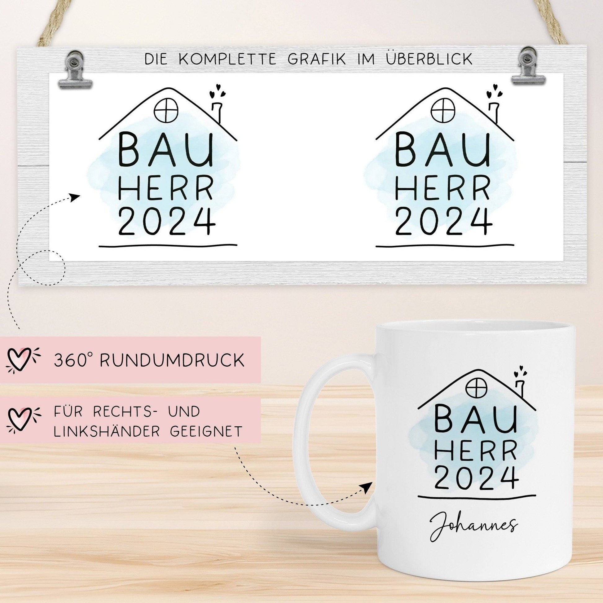 Set Bauherr Bauherrin Tasse 2024 Name, Richtfest Geschenk, Becher Geschenke zum Richtfest, Geschenkideen zum Hausbau Einweihung Hausbauer - Weiß  kleinebuchstaben   