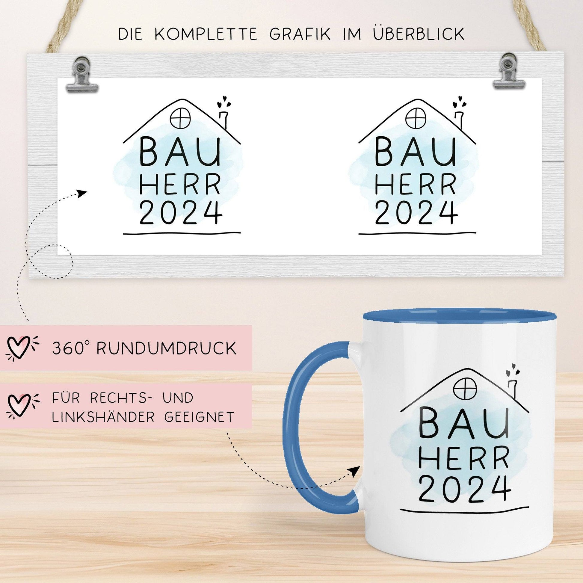 Set Bauherr Bauherrin Tasse 2024 Name, Richtfest Geschenk, Becher Geschenke zum Richtfest, Geschenkideen zum Hausbau Einweihung Hausbauer - Bunt  kleinebuchstaben   