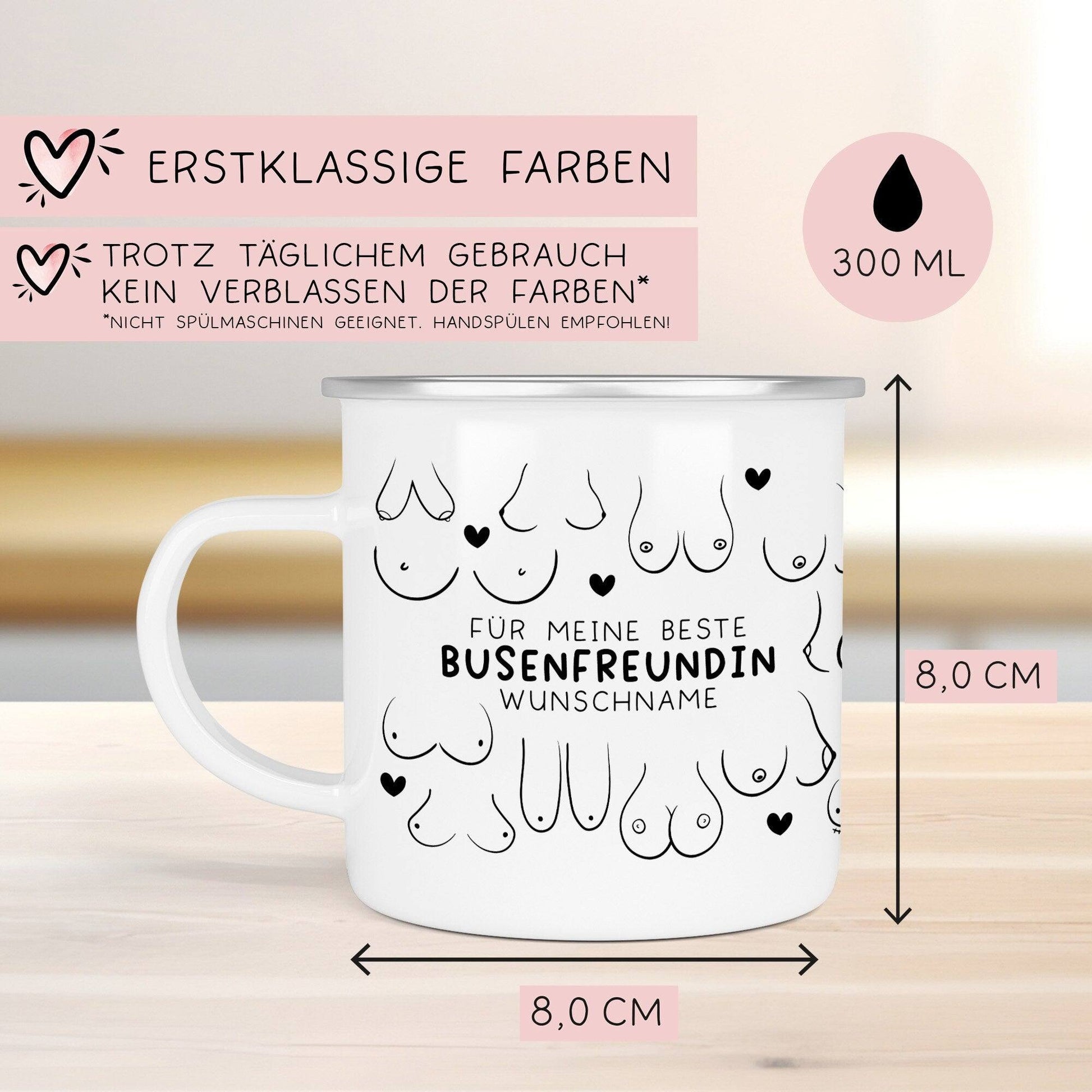 Personalisierte Busenfreundin Emaille Tasse Becher mit eigenen Namen oder Wunschnamen | Für die beste Freundin - BFF - liebste Freundin  kleinebuchstaben   