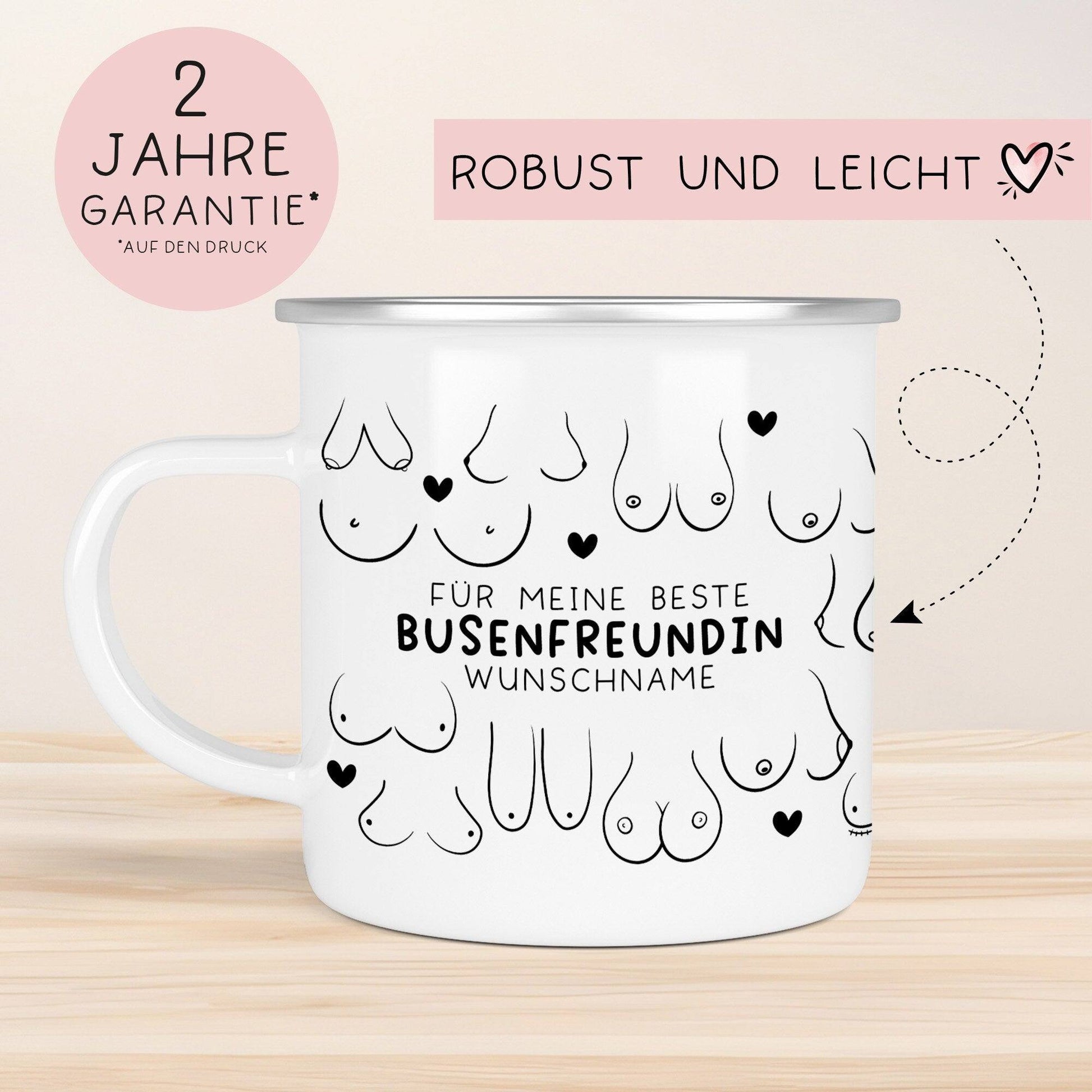 Personalisierte Busenfreundin Emaille Tasse Becher mit eigenen Namen oder Wunschnamen | Für die beste Freundin - BFF - liebste Freundin  kleinebuchstaben   