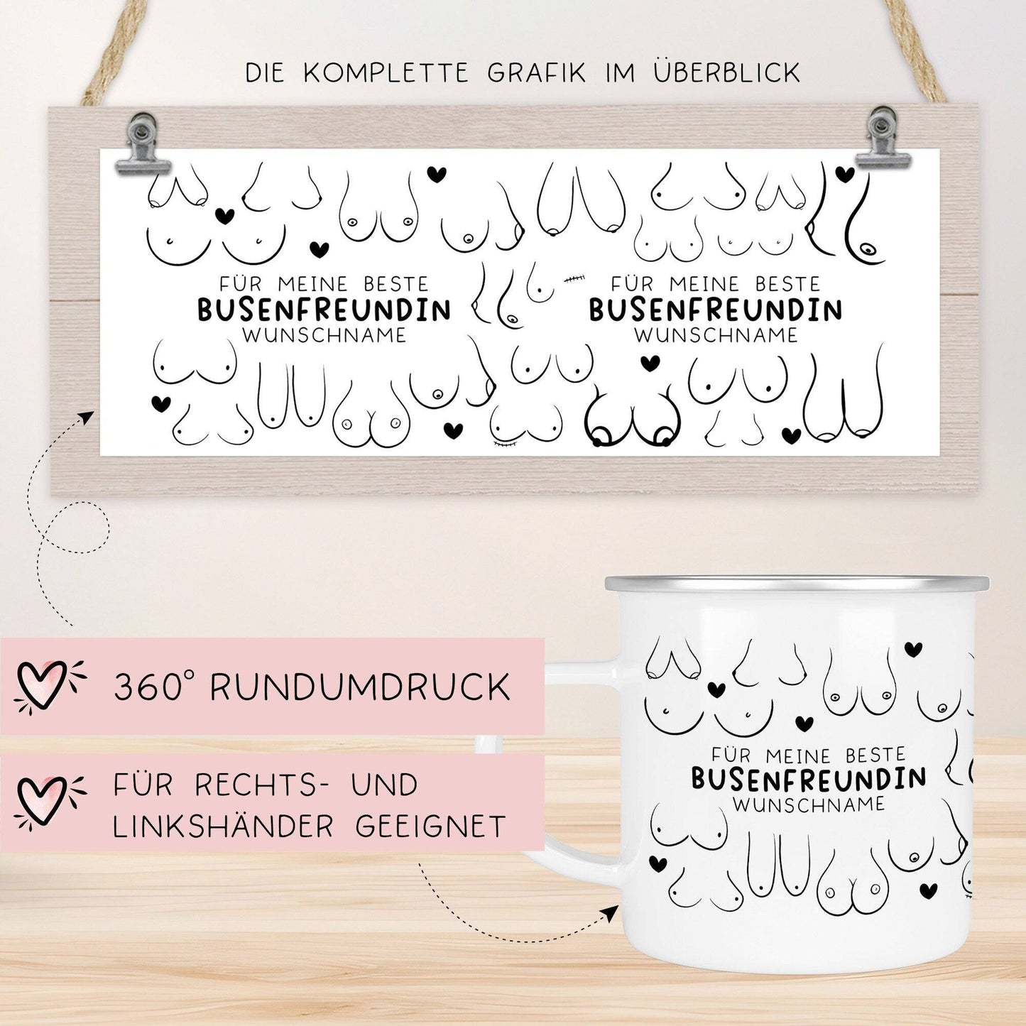 Personalisierte Busenfreundin Emaille Tasse Becher mit eigenen Namen oder Wunschnamen | Für die beste Freundin - BFF - liebste Freundin  kleinebuchstaben   