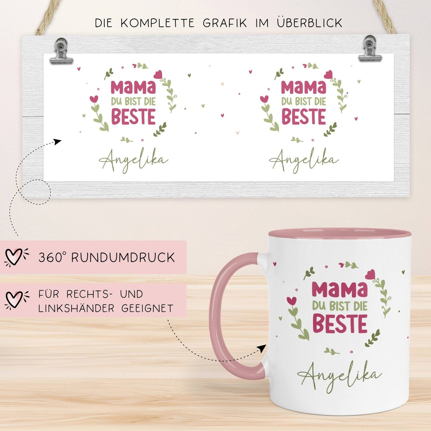 Personalisierte Muttertag Kaffee Tasse "Mama du bist die Beste [Wunschname]" – Geschenk für Geburtstag, Dankeschön und Weihnachten - Rosa  kleinebuchstaben   