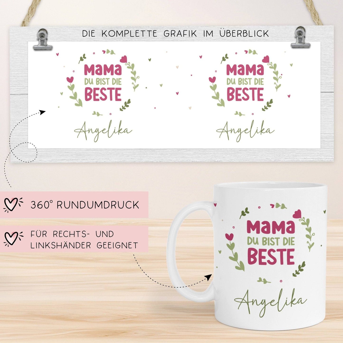 Personalisierte Muttertag Kaffee Tasse "Mama du bist die Beste [Wunschname]" – Geschenk für Geburtstag, Dankeschön und Weihnachten - Weiß  kleinebuchstaben   