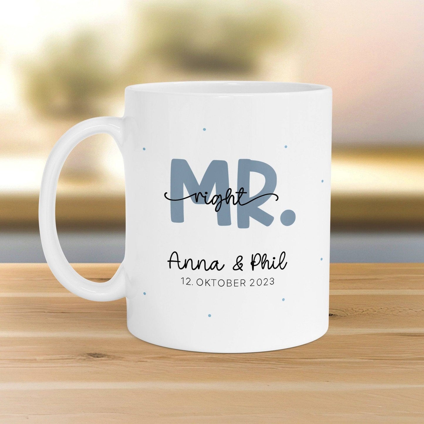 Mr & Mrs Tasse Tassen Hochzeit personalisiert mit Wunschnamen und Datum – Namenstasse Hochzeitsgeschenk - Braut Bräutigam – Kaffeetasse  kleinebuchstaben Right MR  