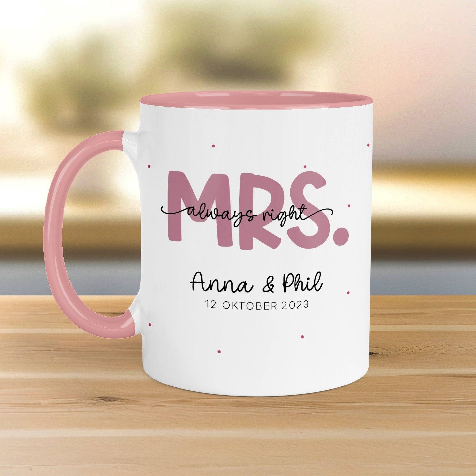 Mr & Mrs Tasse Tassen Hochzeit personalisiert mit Wunschnamen und Datum – Namenstasse Hochzeitsgeschenk - Braut Bräutigam – Kaffeetasse  kleinebuchstaben Right MRS  