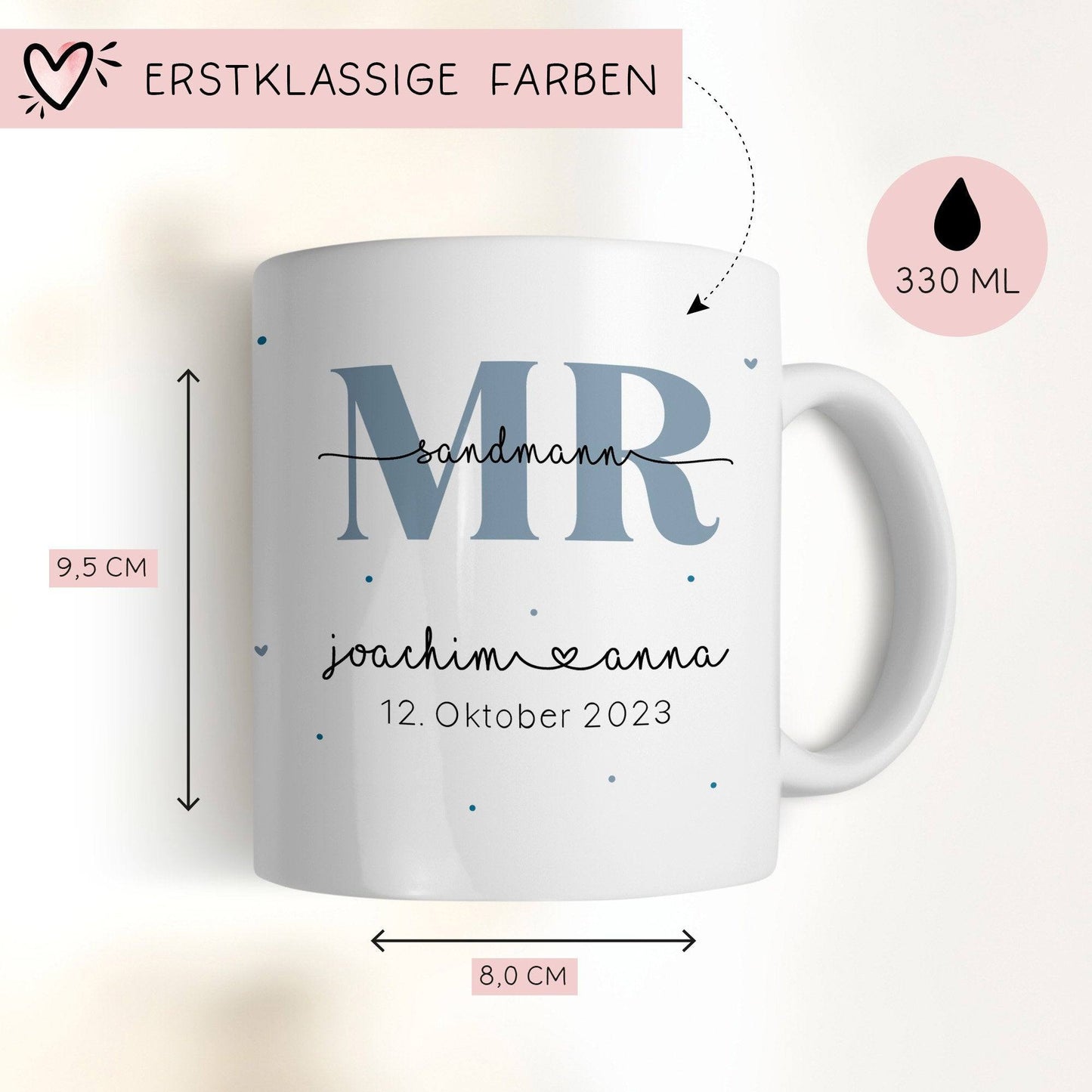 Mr & Mrs Tasse Tassen Hochzeit personalisiert mit Wunschnamen und Datum – Namenstasse Hochzeitsgeschenk - Braut Bräutigam – Kaffeetasse  kleinebuchstaben   