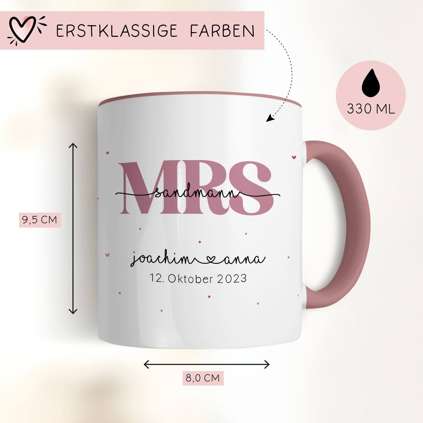 Mr & Mrs Tasse Hochzeit personalisiert mit Wunschnamen und Datum – Namenstasse Hochzeitsgeschenk - Braut Bräutigam – Kaffeetasse - 330 ml  kleinebuchstaben   