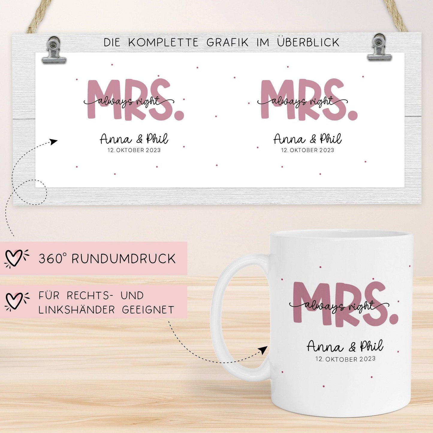 Mr & Mrs Tasse Hochzeit personalisiert Becher mit Wunschnamen und Datum – Namenstasse Hochzeitsgeschenk - Braut Bräutigam – Kaffeetasse  kleinebuchstaben   