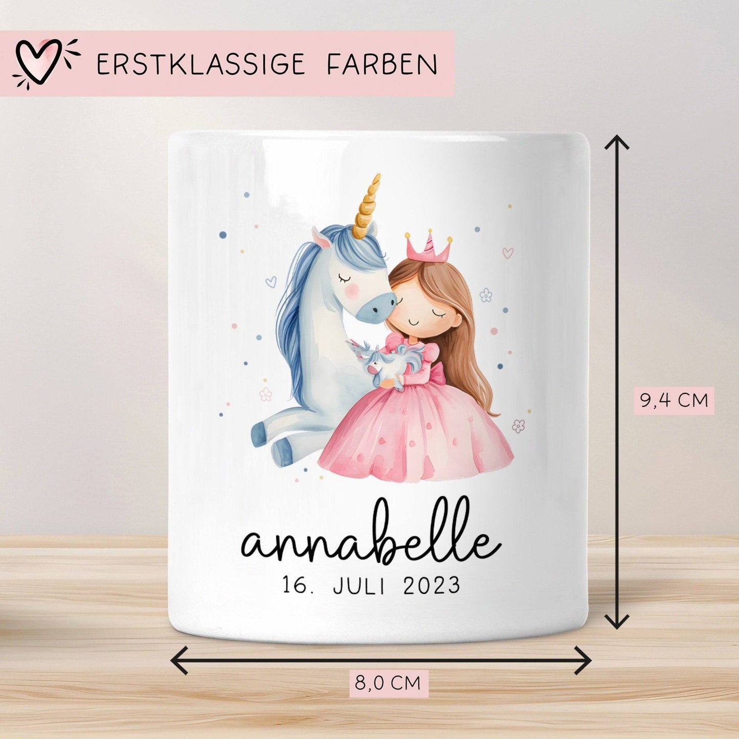 Spardose Einhorn & Prinzessin Blau Name Personalisiert für Mädchen zum Geburtstag, Taufe Kommunion Firmung Konfirmation, Weihnachten  kleinebuchstaben   