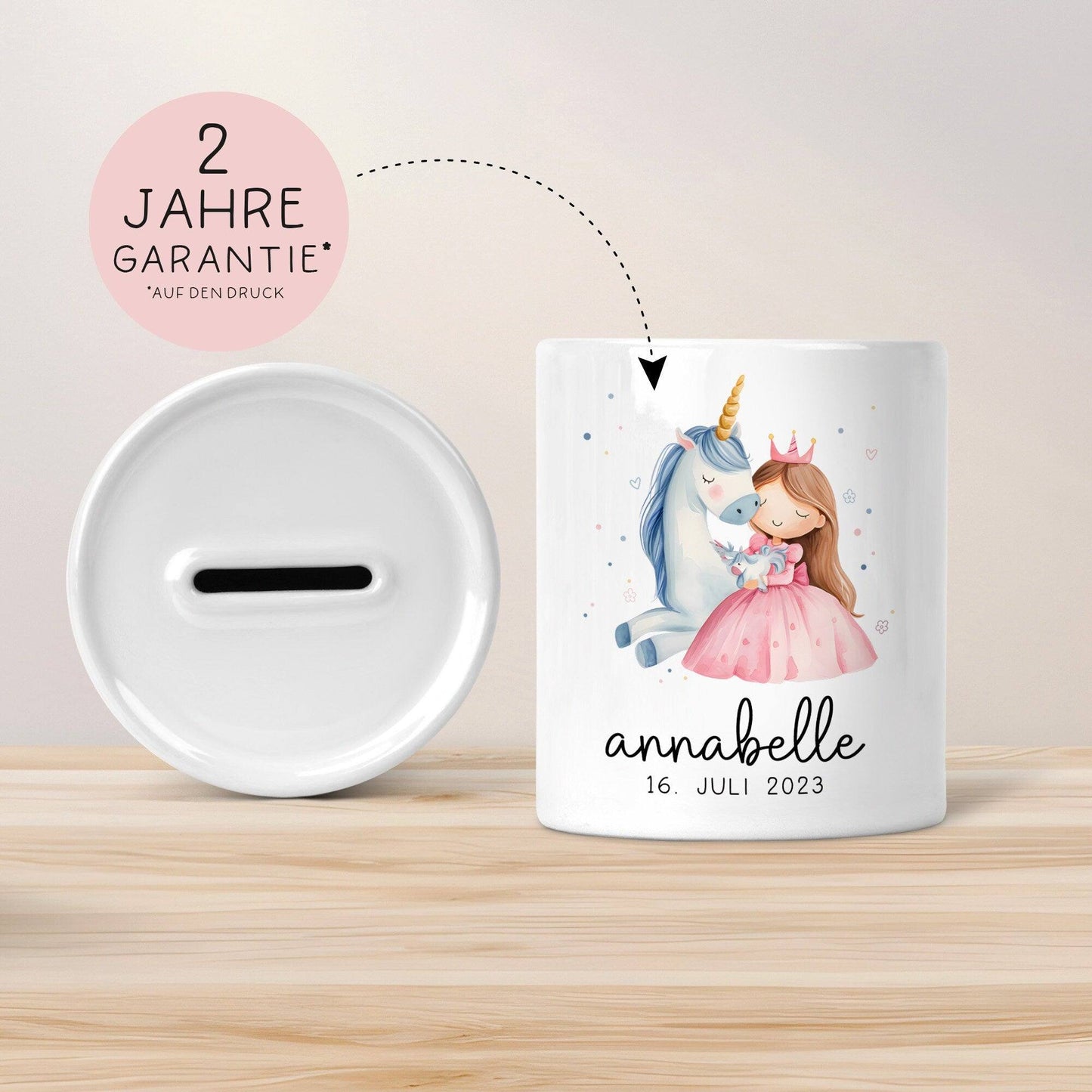 Spardose Einhorn & Prinzessin Blau Name Personalisiert für Mädchen zum Geburtstag, Taufe Kommunion Firmung Konfirmation, Weihnachten  kleinebuchstaben   