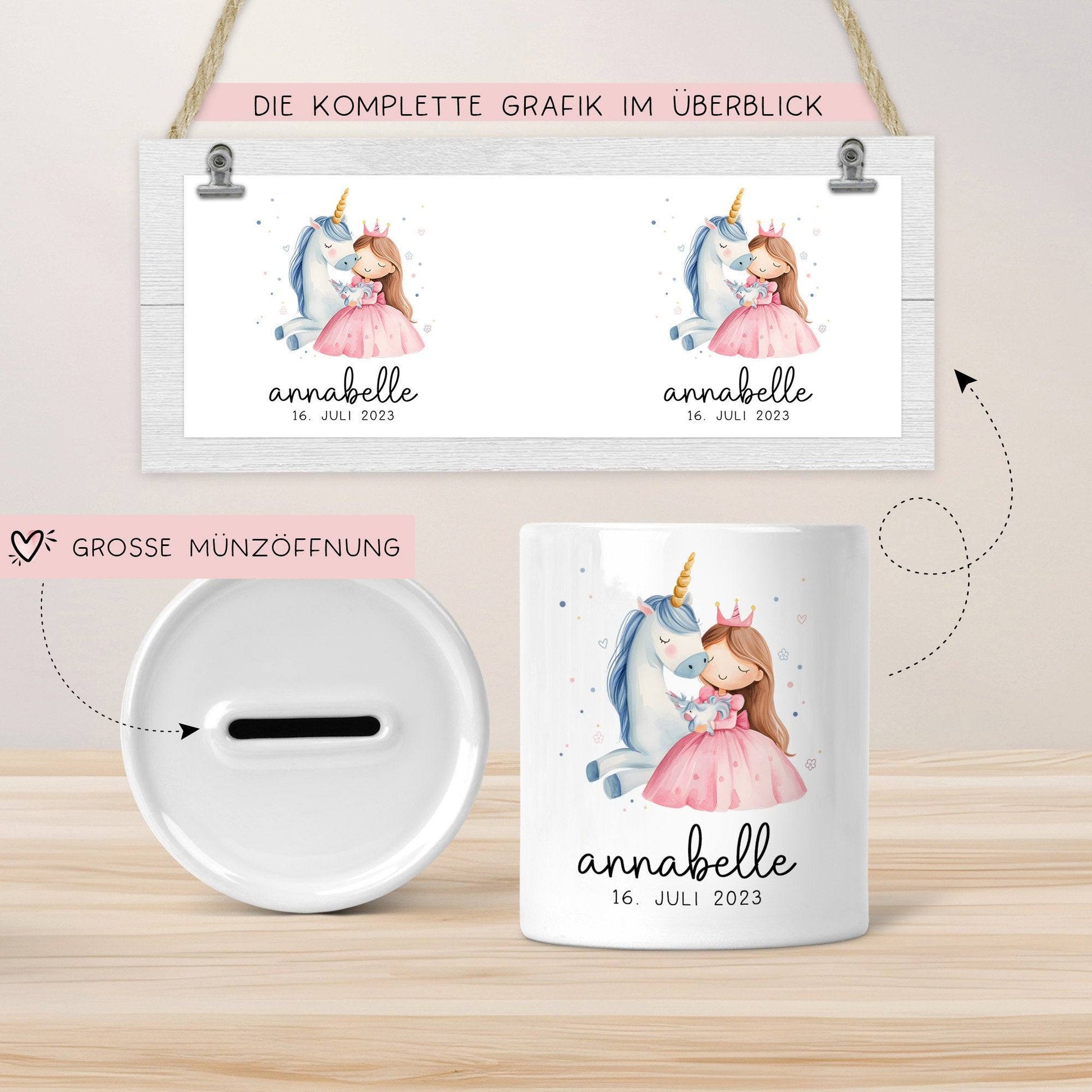 Spardose Einhorn & Prinzessin Blau Name Personalisiert für Mädchen zum Geburtstag, Taufe Kommunion Firmung Konfirmation, Weihnachten  kleinebuchstaben   