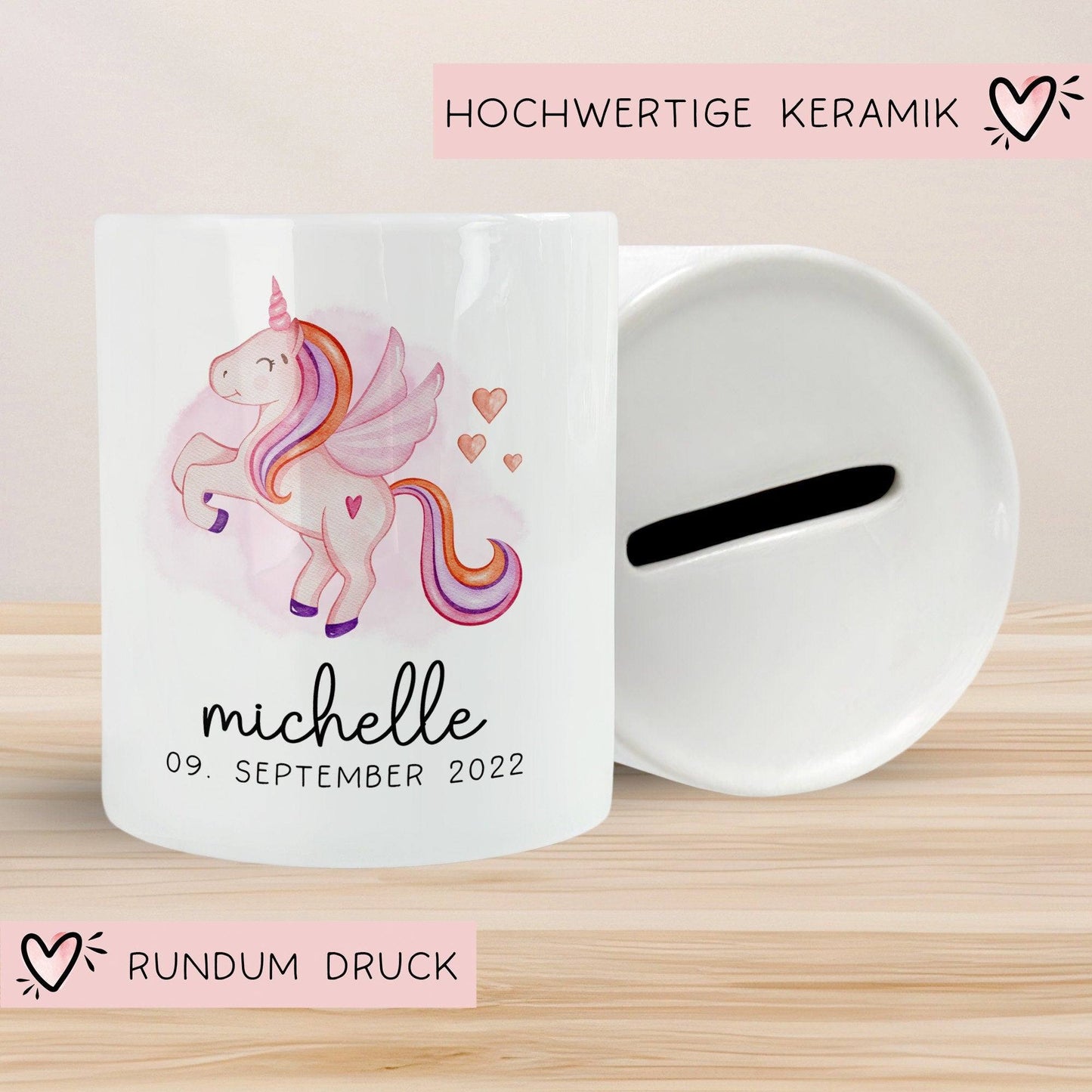 Spardose Einhorn Name Personalisiert für Mädchen zum Geburtstag, Taufe Kommunion Firmung Konfirmation, Weihnachten - Keramik - Wunschnamen  kleinebuchstaben   