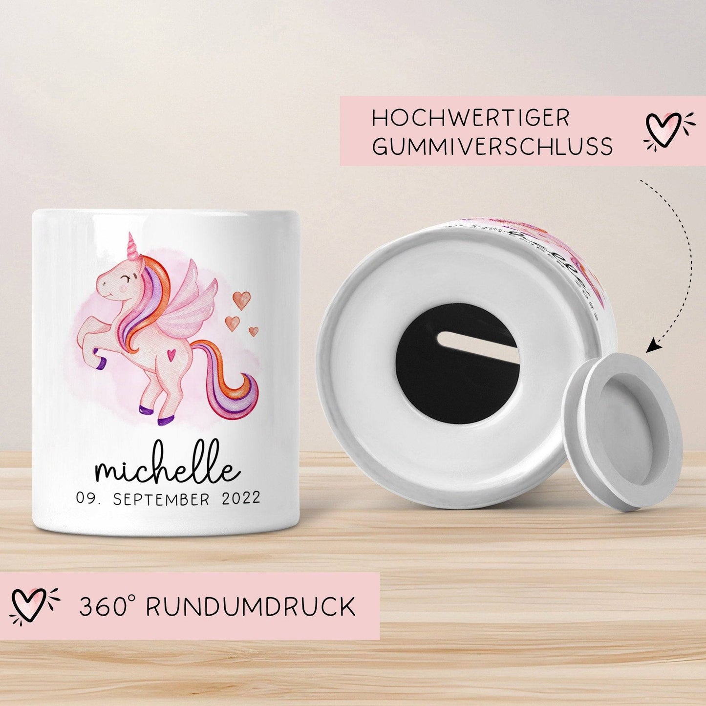 Spardose Einhorn Name Personalisiert für Mädchen zum Geburtstag, Taufe Kommunion Firmung Konfirmation, Weihnachten - Keramik - Wunschnamen  kleinebuchstaben   