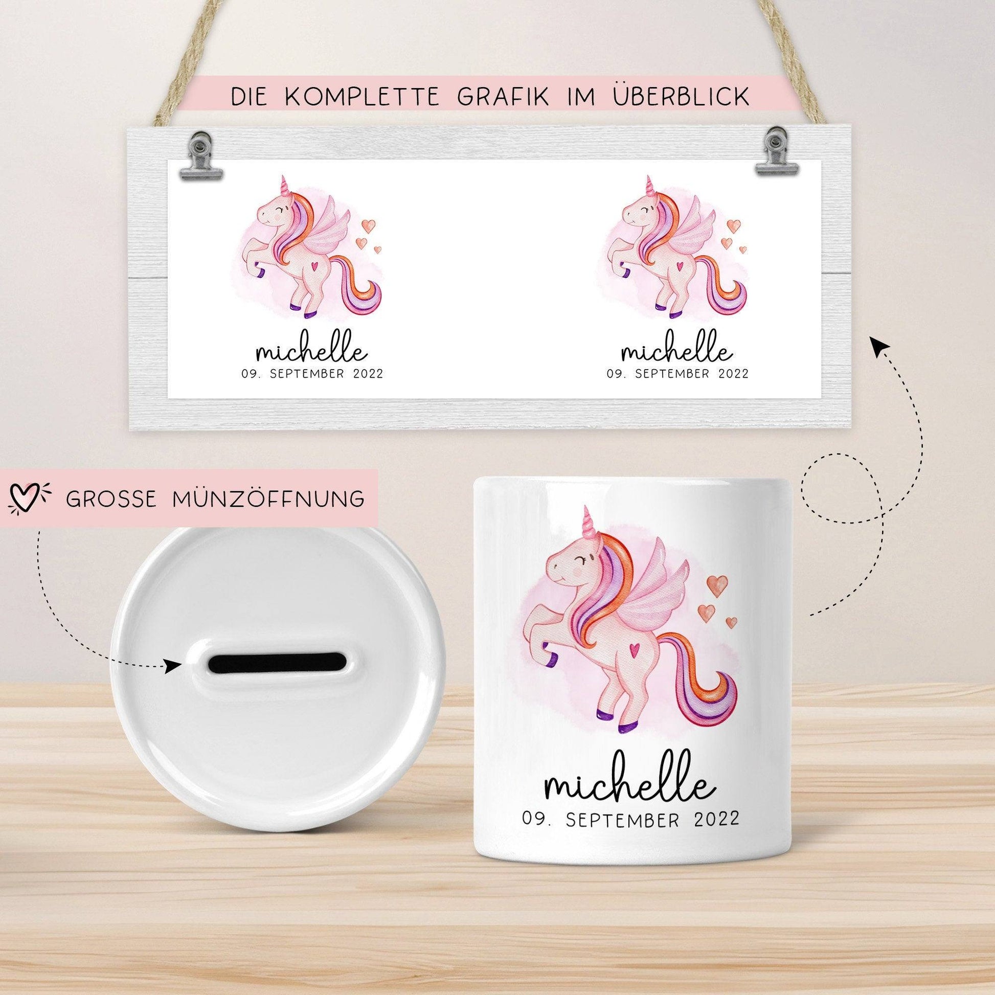 Spardose Einhorn Name Personalisiert für Mädchen zum Geburtstag, Taufe Kommunion Firmung Konfirmation, Weihnachten - Keramik - Wunschnamen  kleinebuchstaben   