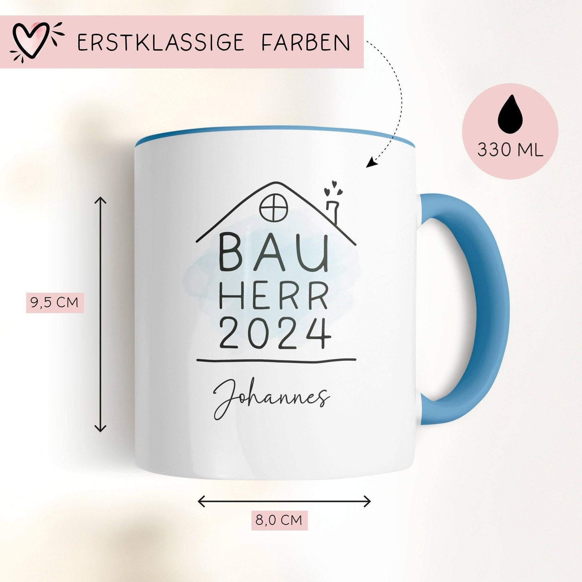 Bauherr Tasse 2024 Name, Richtfest Geschenk, Becher Geschenke zum Richtfest, Geschenkideen zum Hausbau Einweihung Hausbauer -330ml  kleinebuchstaben   