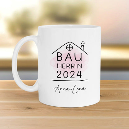 Bauherrin Tasse 2024 Name, Richtfest Geschenk, Becher Geschenke zum Richtfest, Geschenkideen zum Hausbau Einweihung Hausbauer - 330ml  kleinebuchstaben Bauherrin mit Namen Innen & Henkel -Weiß 