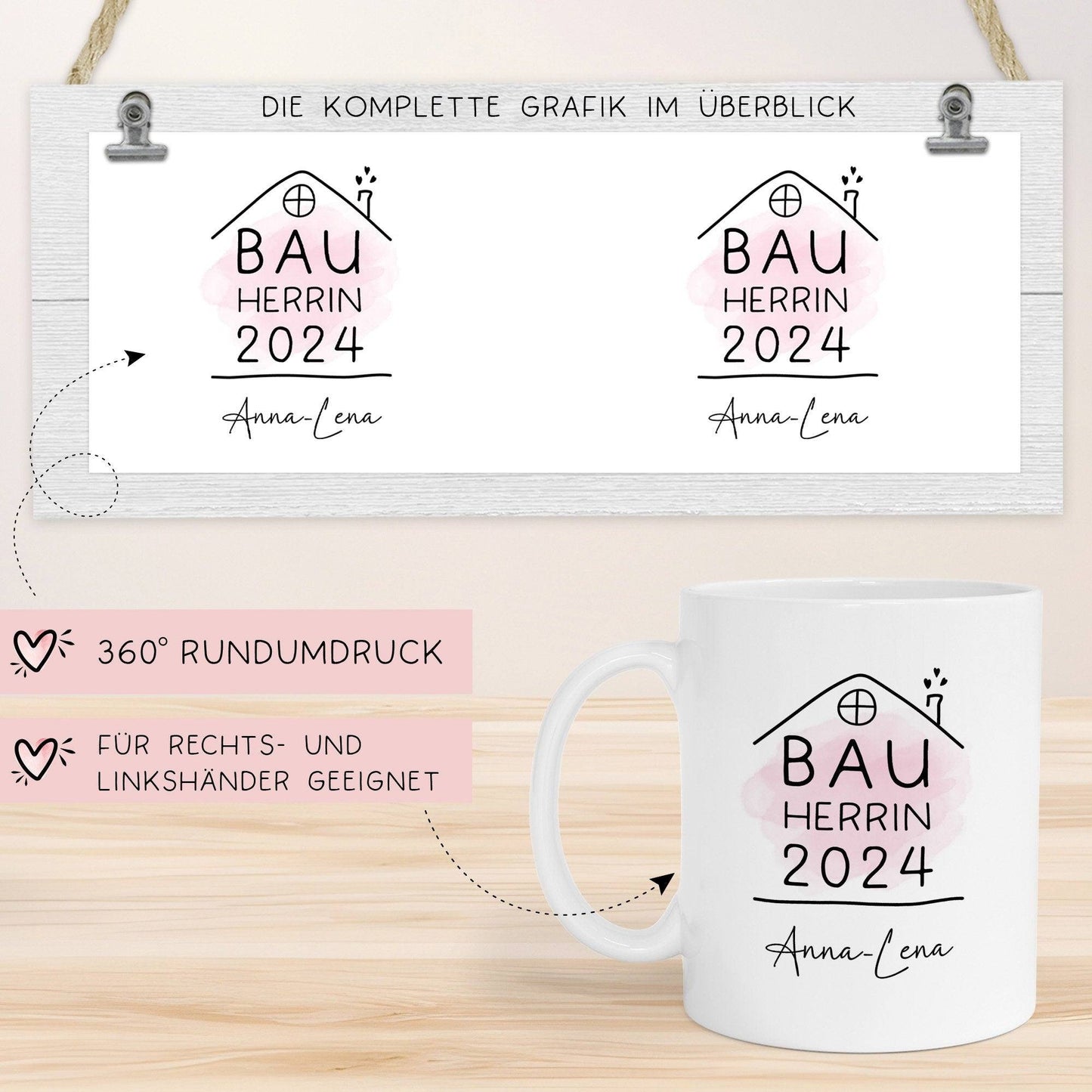 Bauherrin Tasse 2024 Name, Richtfest Geschenk, Becher Geschenke zum Richtfest, Geschenkideen zum Hausbau Einweihung Hausbauer - 330ml  kleinebuchstaben   