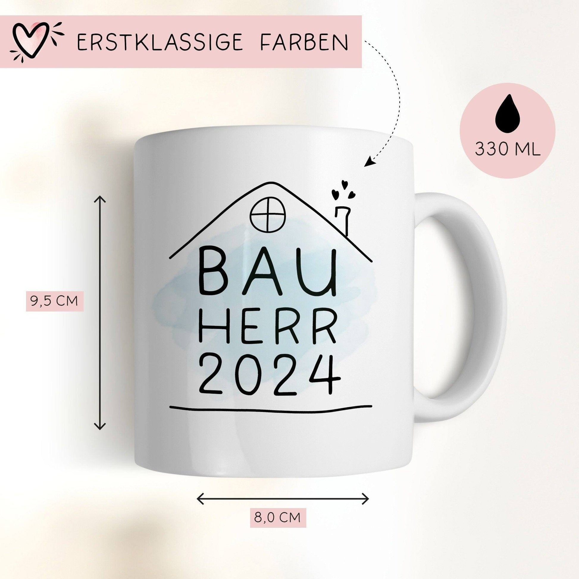 Set Bauherr Bauherrin Tasse 2024 Name, Richtfest Geschenk, Becher Geschenke zum Richtfest, Geschenkideen zum Hausbau Einweihung Hausbauer - Weiß  kleinebuchstaben   