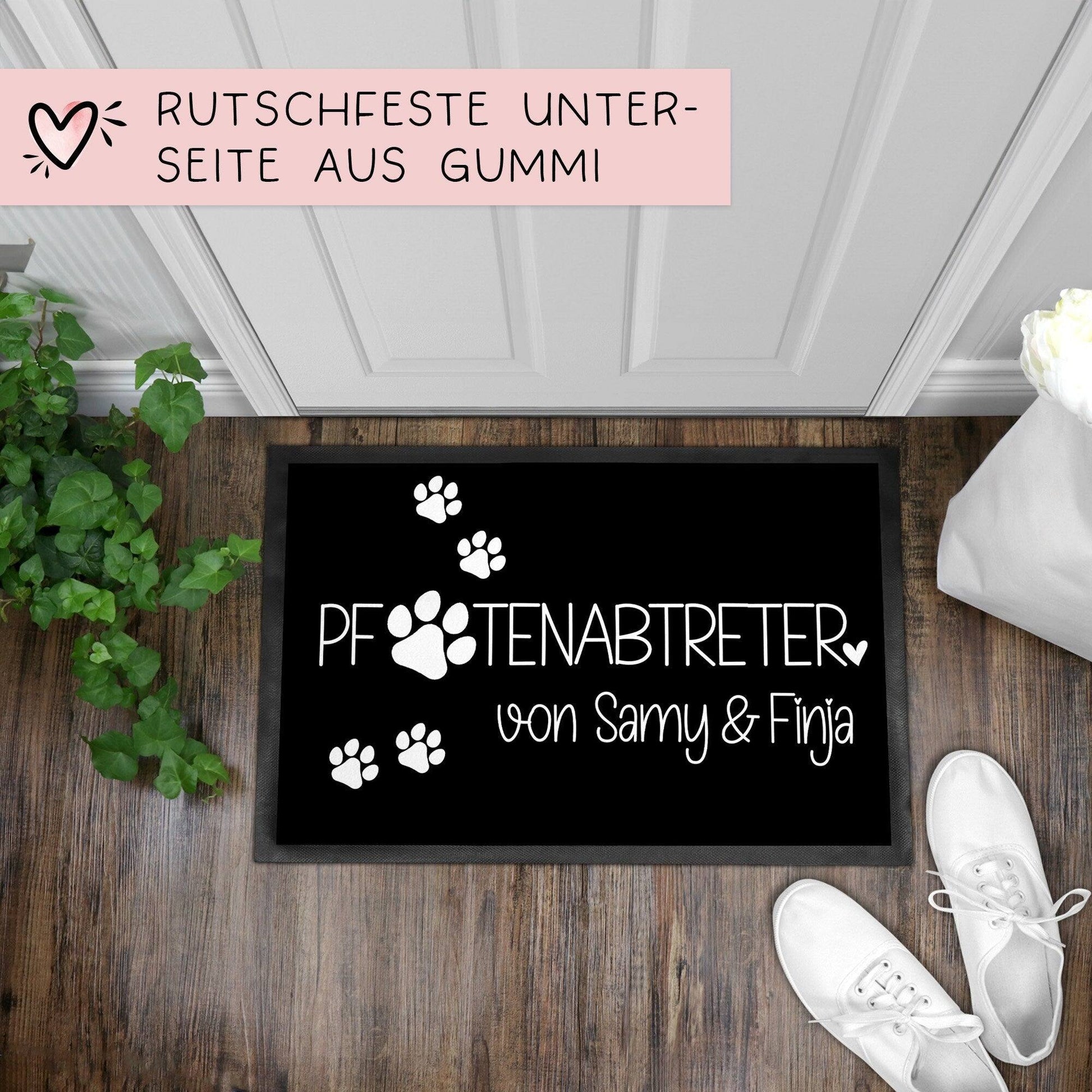 Fußmatte Hund Pfotenabtreter Personalisiert mit Namen & Pfoten der Haustiere | Hund Katze Geschenk Geburtstag | Willkommen Türmatte  kleinebuchstaben   