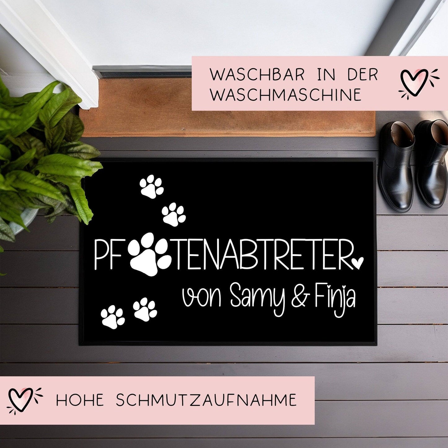 Fußmatte Hund Pfotenabtreter Personalisiert mit Namen & Pfoten der Haustiere | Hund Katze Geschenk Geburtstag | Willkommen Türmatte  kleinebuchstaben   