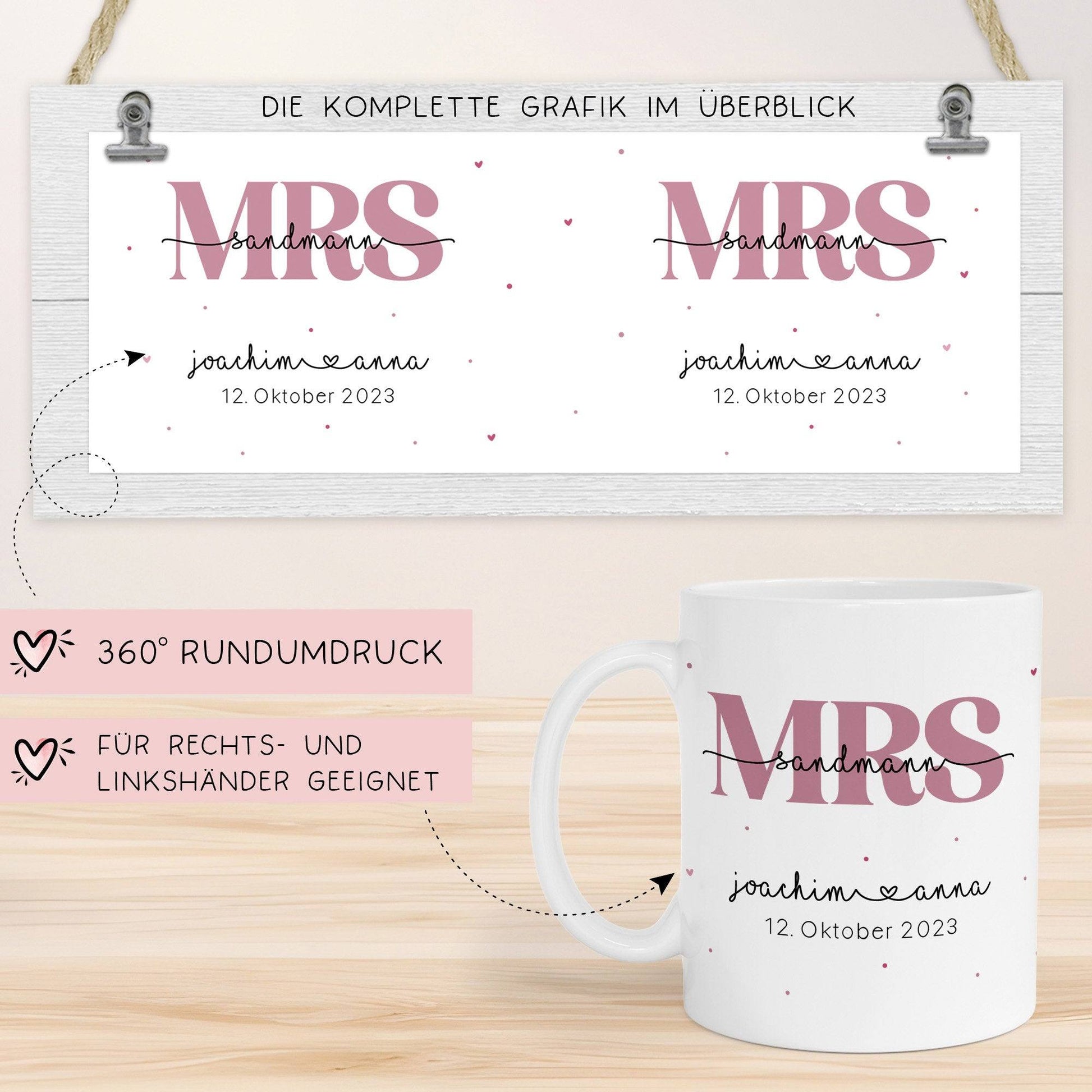 Mr & Mrs Tasse Hochzeit personalisiert mit Wunschnamen und Datum – Namenstasse Hochzeitsgeschenk - Braut Bräutigam – Kaffeetasse - 330 ml  kleinebuchstaben   