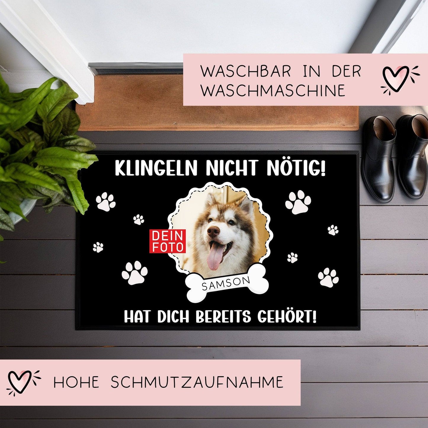 Fußmatte für Hunde- oder Katzenbesitzer "Klingeln Nicht nötig!" personalisiert mit Namen + Foto. Tolle Geschenkeidee für alle Tierliebhaber.  kleinebuchstaben   