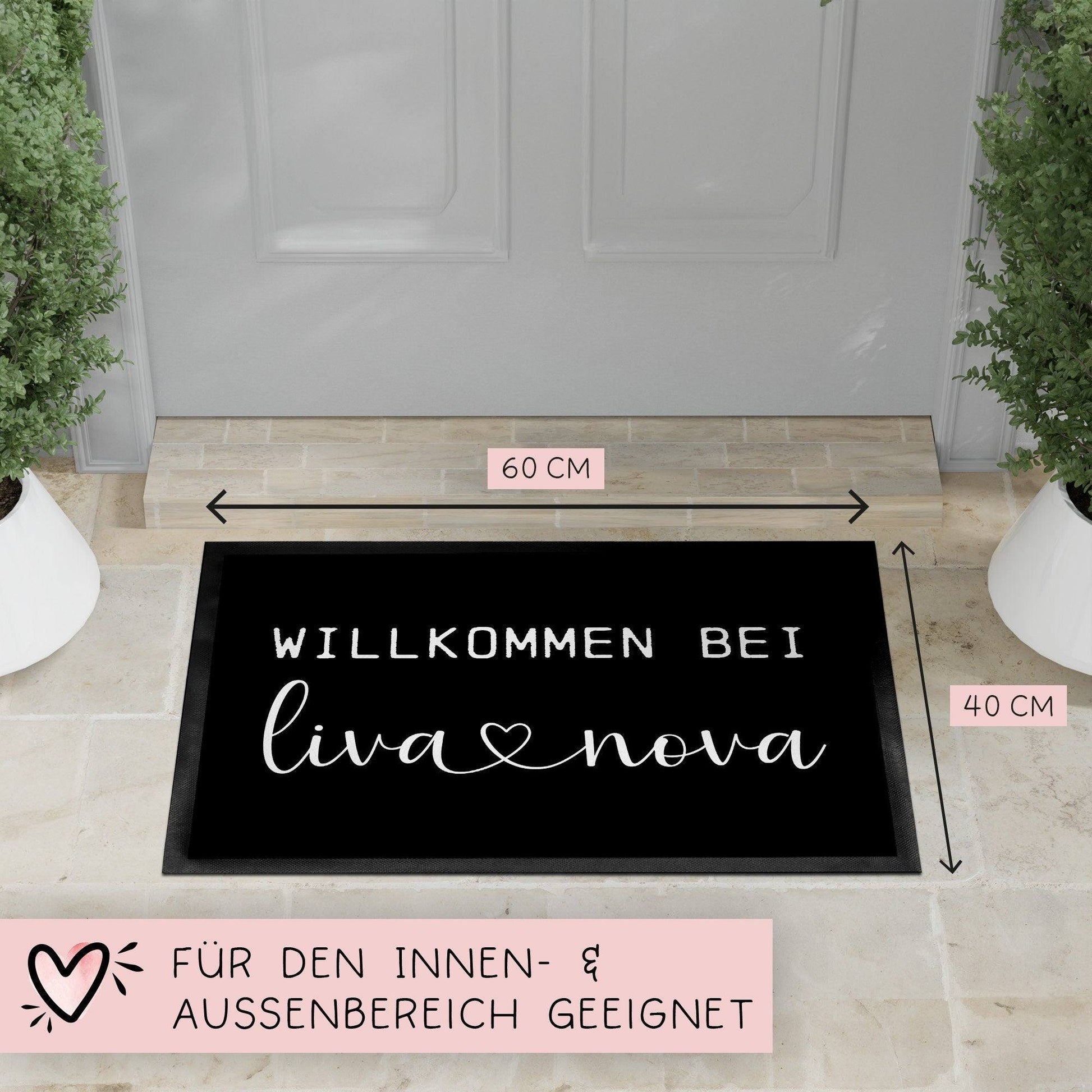 Personalisierte Fußmatte "Willkommen bei" & (Namen) | Willkommen bei | 60 x 40 cm | Geschenkidee zum Umzug, Einzug für Familien, Umzug  kleinebuchstaben   