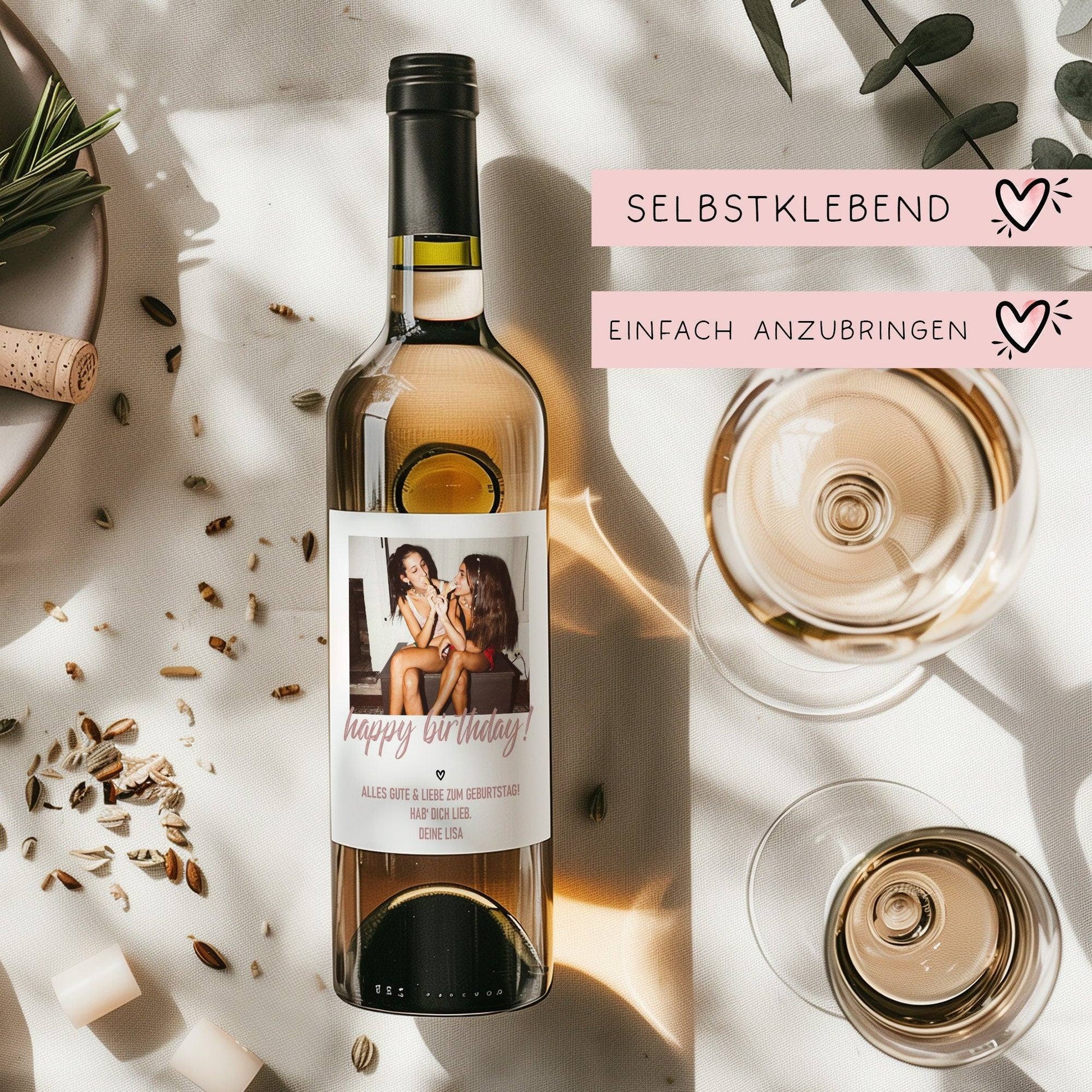 Personalisiertes Weinetikett "Happy Birthday", Geburtstags-Flaschenetikett mit Foto & Namen,  ideales Geschenk mit Foto - rosa  kleinebuchstaben   