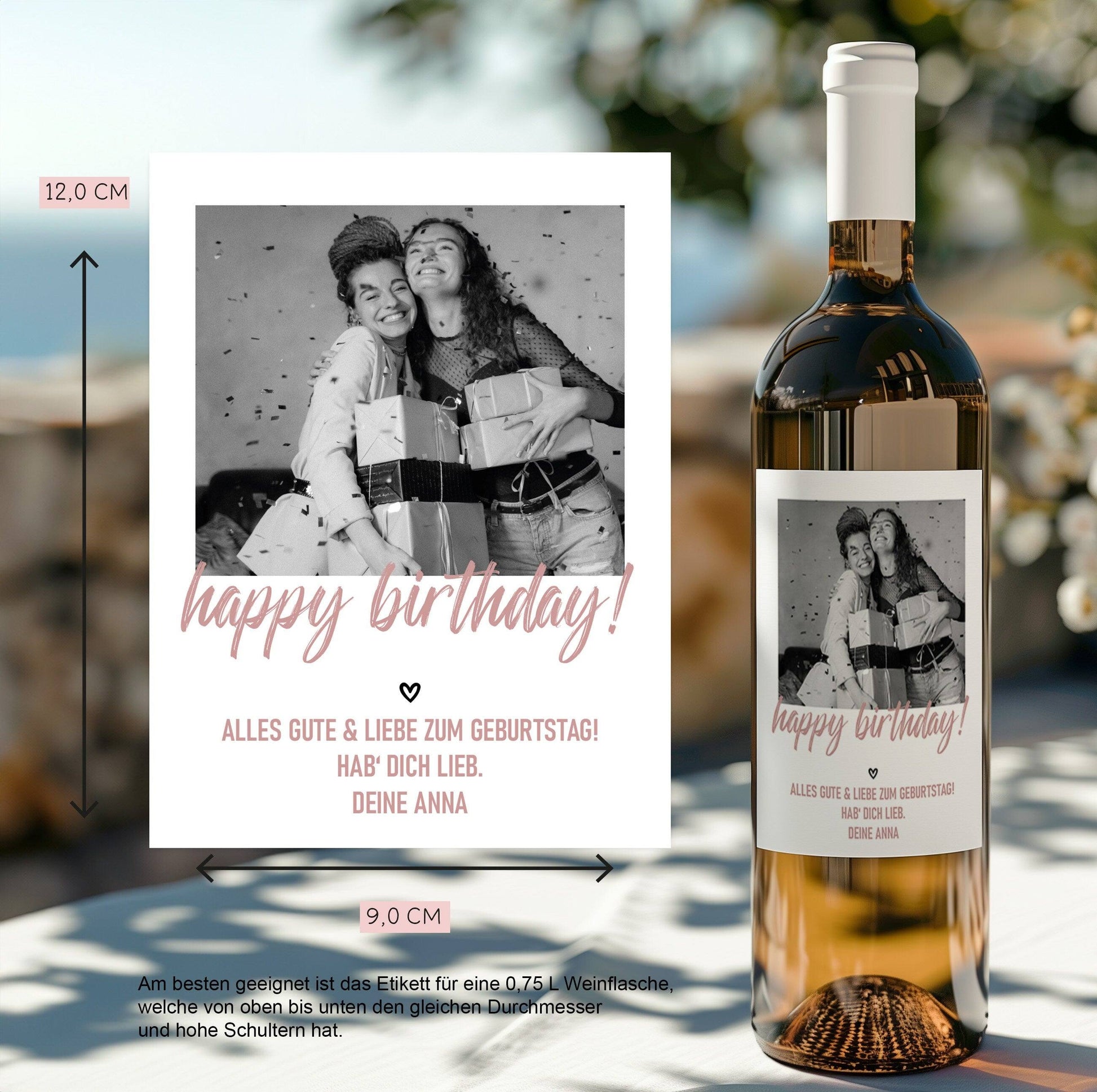 Personalisiertes Weinetikett "Happy Birthday" mit Foto & Namen, Geburtstags-Flaschenetikett - Rosa, ideales Geburtstagsgeschenk  kleinebuchstaben   