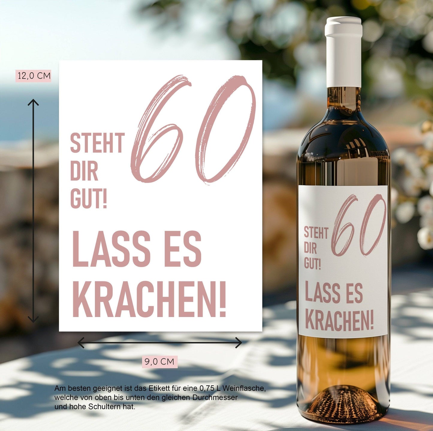 Weinetikett runder Geburtstag 20 30 40 50 60, Flaschenetikett für Weinflaschen, ideales Geschenk für Weinliebhaber - Rosa  kleinebuchstaben 60. - Rosa Versand per Post 