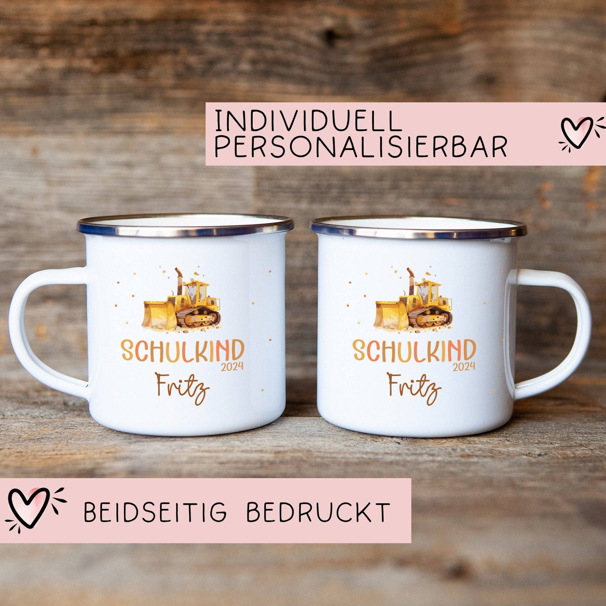 Schulanfang  Schulkind 2024 Emaille Kindertasse, Wunschnamen Bagger Motiv, Personalisierte Einschulung Geschenk  kleinebuchstaben   