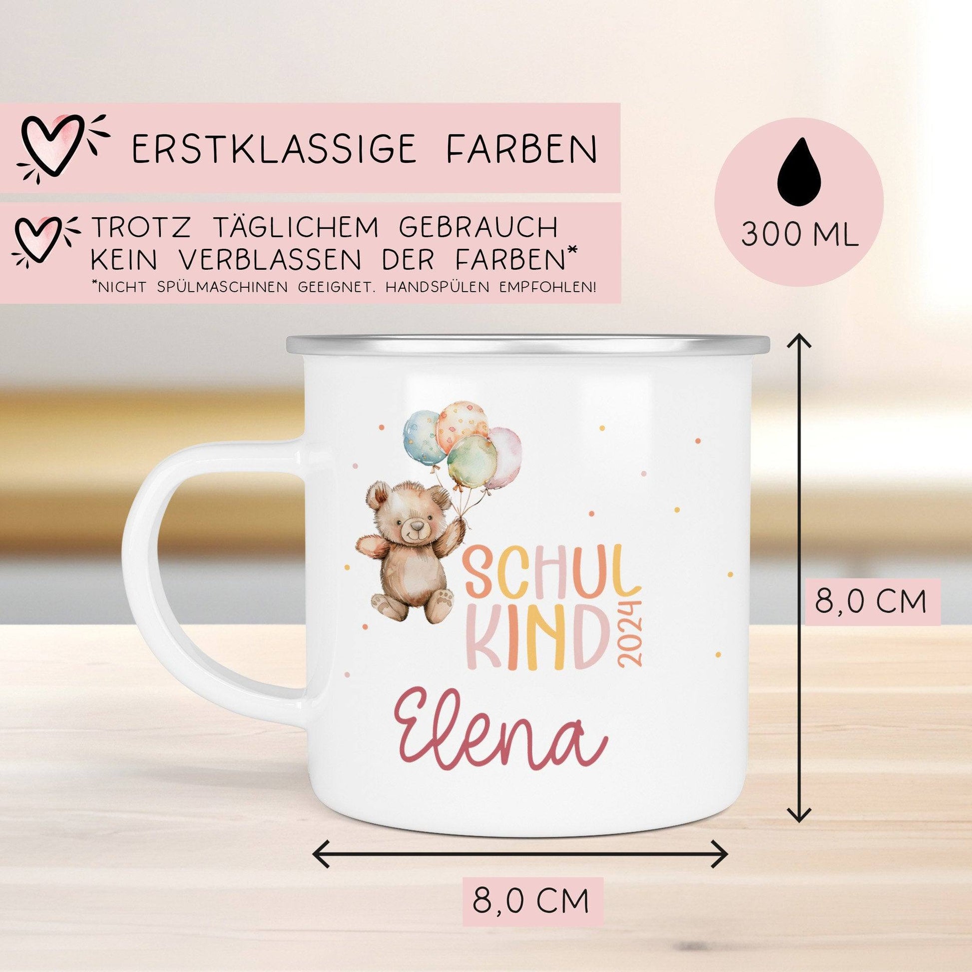 Schulkind 2024 Emaille Tasse, personalisiertes Einschulungsgeschenk, personalisierte Tasse für Jungen und Mädchen Schulanfang  kleinebuchstaben   