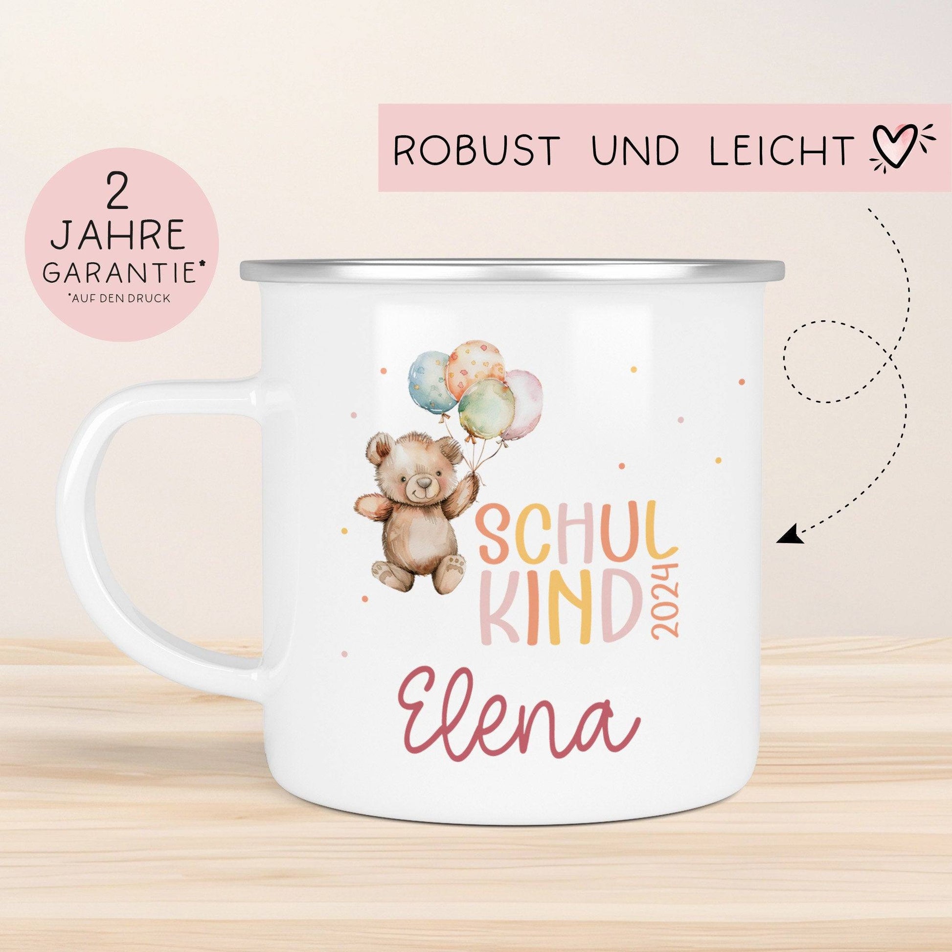 Schulkind 2024 Emaille Tasse, personalisiertes Einschulungsgeschenk, personalisierte Tasse für Jungen und Mädchen Schulanfang  kleinebuchstaben   