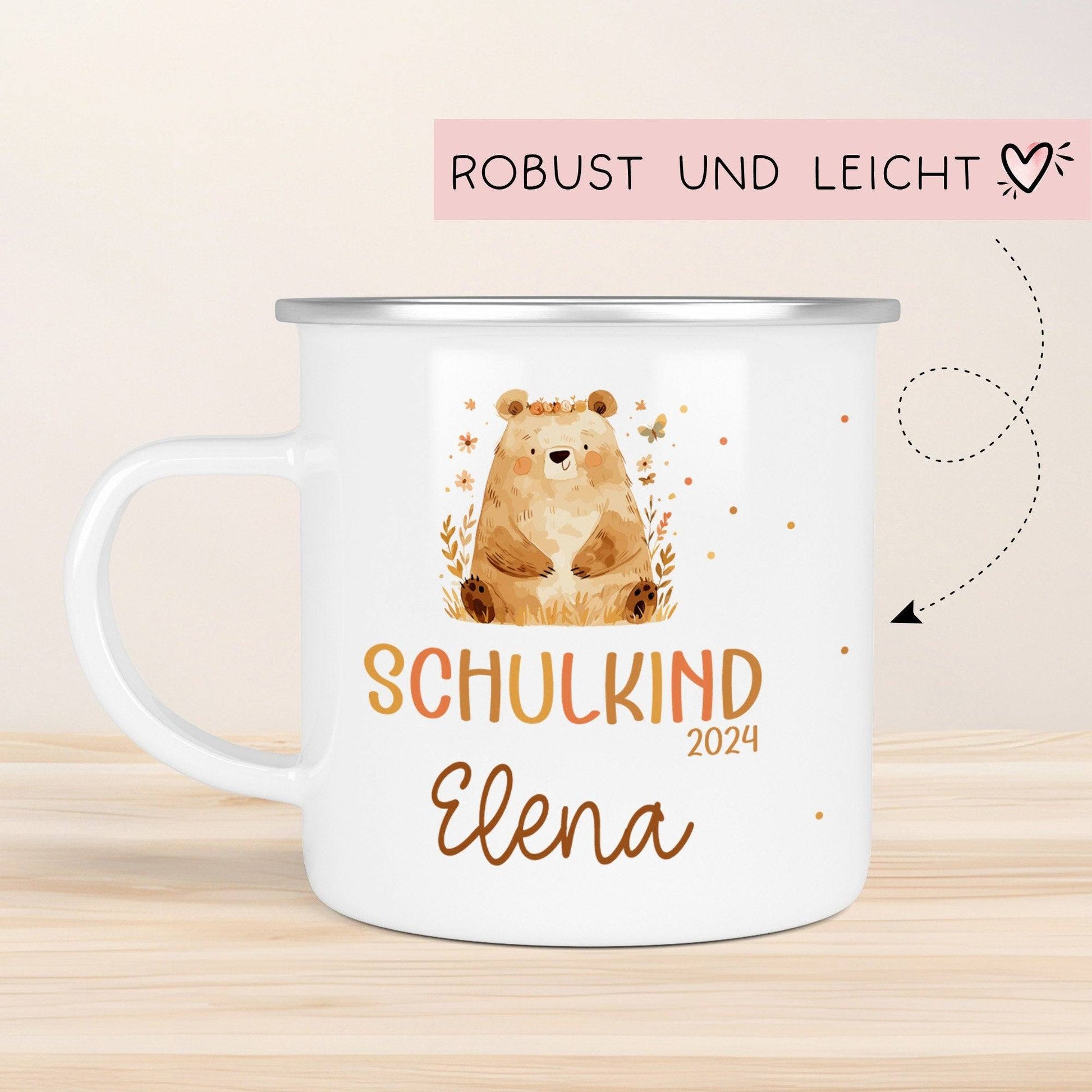 Bär Kindertasse Schulkind Name Emaille Tasse Kind Kindergeschirr personalisiert Kinder Geschenk Schulanfang  kleinebuchstaben   