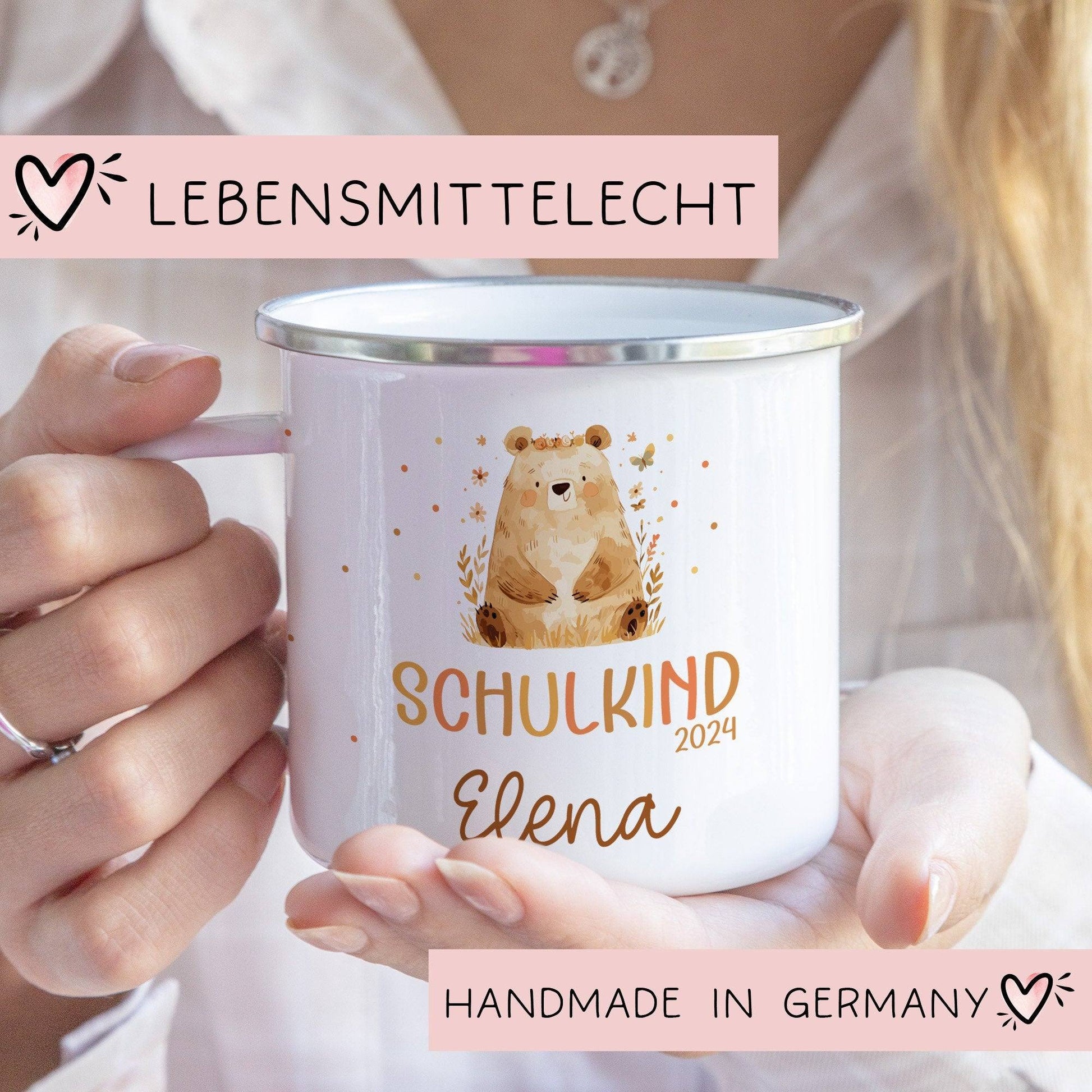 Bär Kindertasse Schulkind Name Emaille Tasse Kind Kindergeschirr personalisiert Kinder Geschenk Schulanfang  kleinebuchstaben   