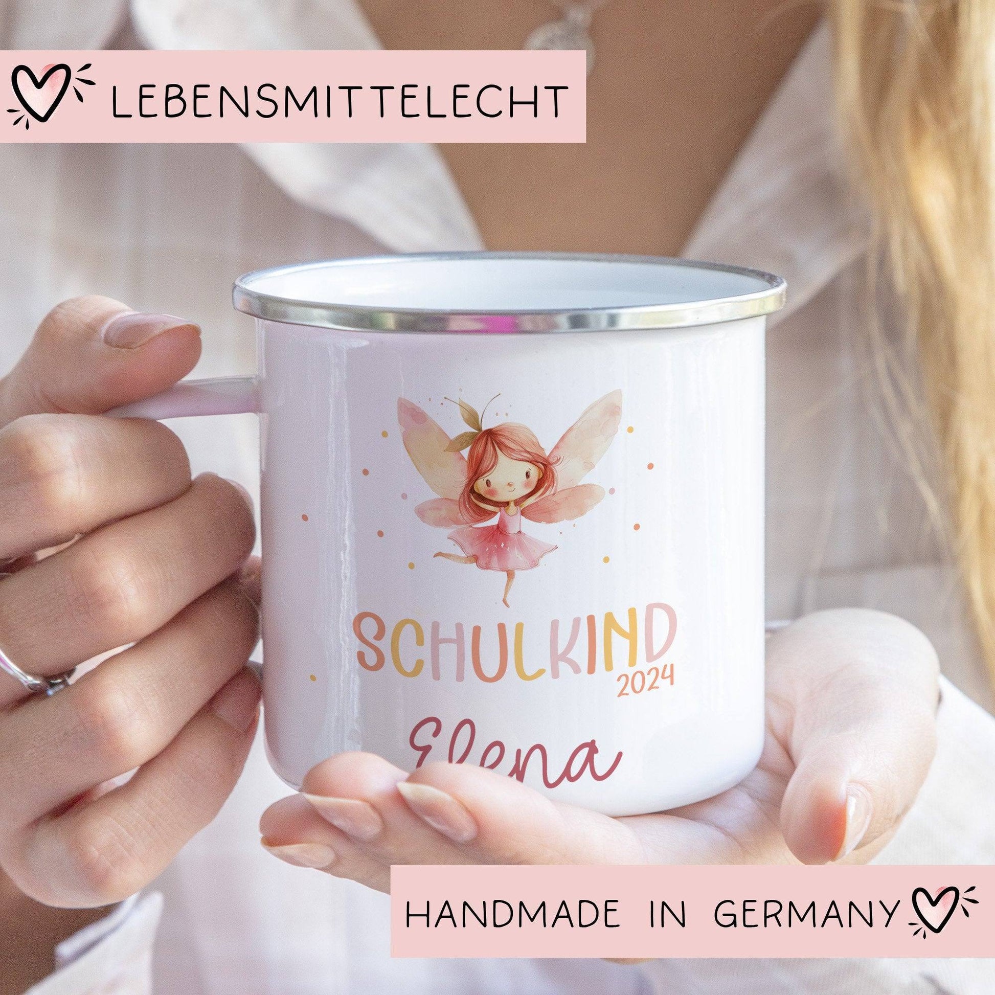 Kindertasse Schulkind Schulanfang Name Emaille Tasse Kind Kindergeschirr personalisiert Kinder Fuchs Bär Flugzeug Fee Bagger Ballerina  kleinebuchstaben Fee Emaille Silber 