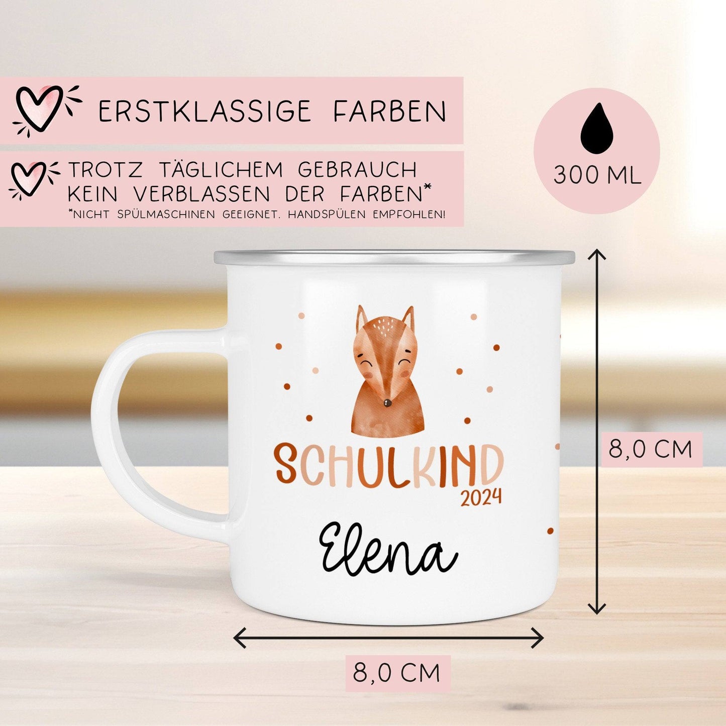 Kindertasse Schulkind Schulanfang Name Emaille Tasse Kind Kindergeschirr personalisiert Kinder Fuchs Bär Flugzeug Fee Bagger Ballerina  kleinebuchstaben   