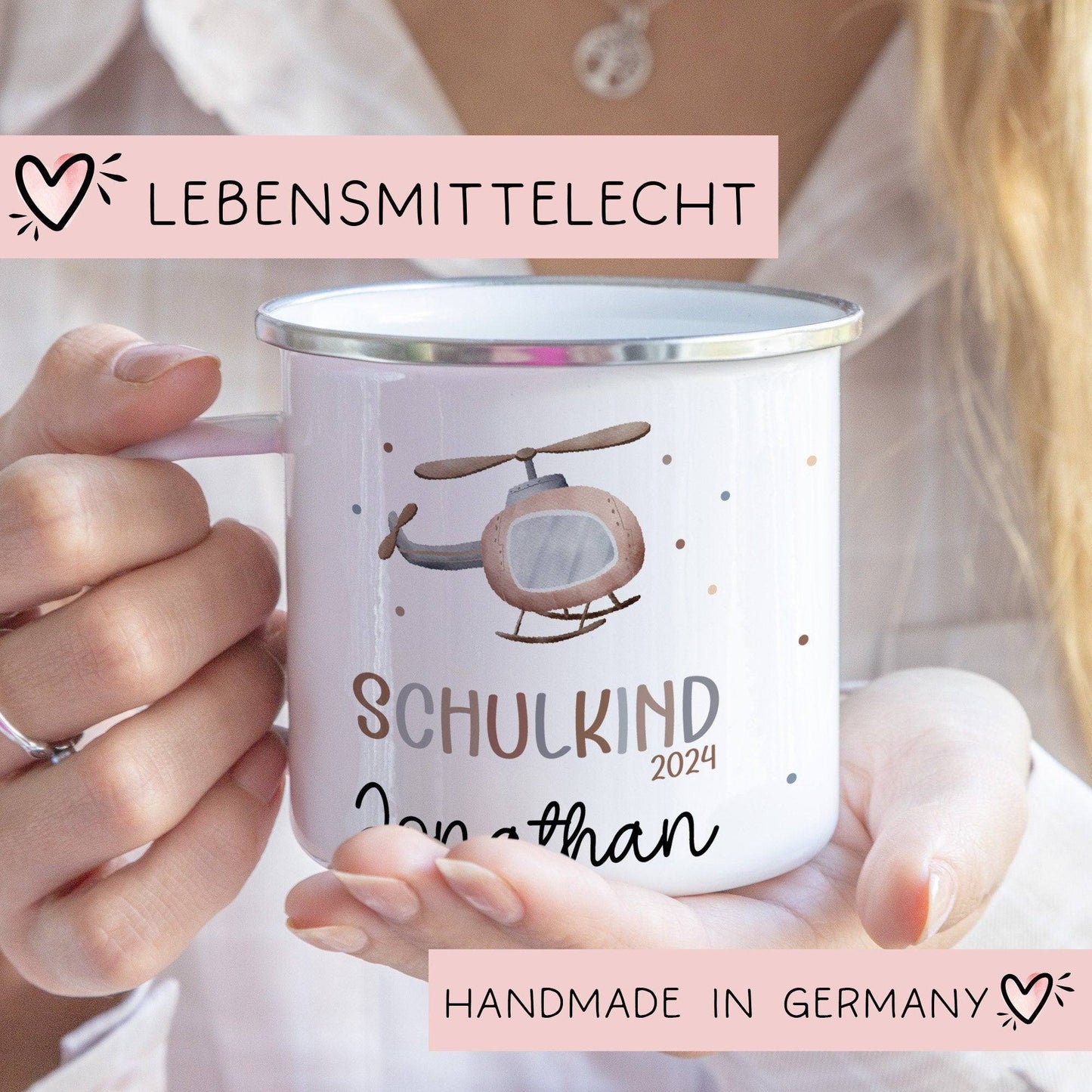 Schulanfang Kindertasse Schulkind Name Emaille Tasse Kind Kindergeschirr personalisiert Kinder Hubschrauber LKW Rakete Regenbogen Bär Ufo  kleinebuchstaben Hubschrauber Emaille Silber 