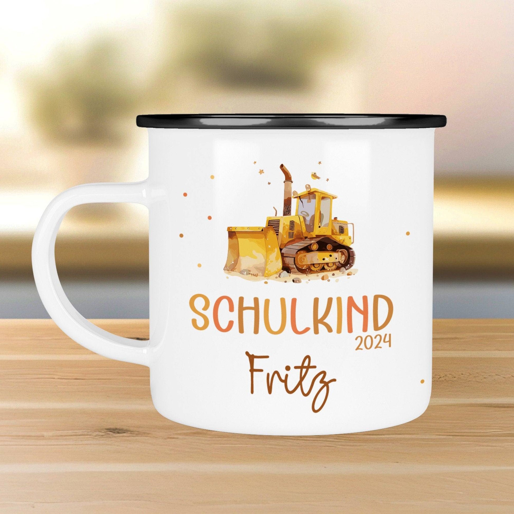 Schulkind LKW Kipplaster Emaille-Tasse für Schulkinder Einschulung Schulanfang  - personalisiertes Kindergeschirr mit Namen  kleinebuchstaben   