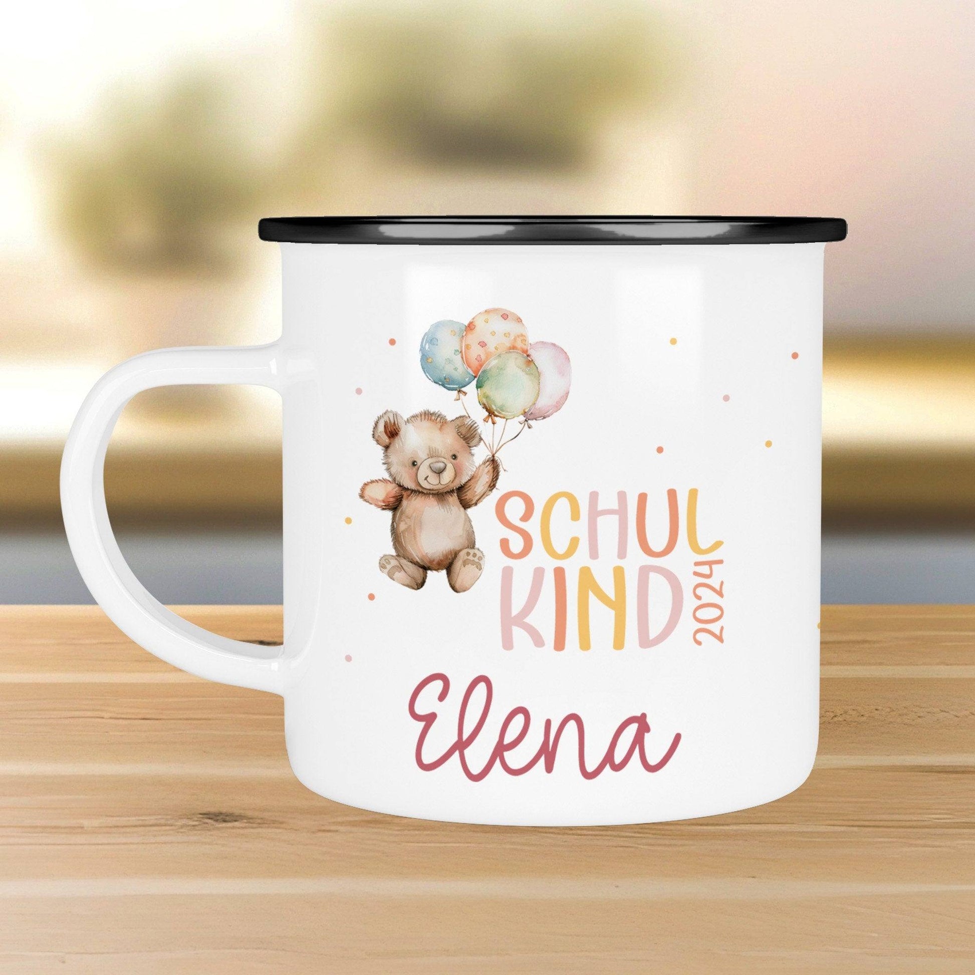 Schulanfang  Kindertasse Schulkind - personalisiertes Emaille- Einschulung mit Namen, Fuchs, Bär, Flugzeug, Fee Ballerina Bagger  kleinebuchstaben   