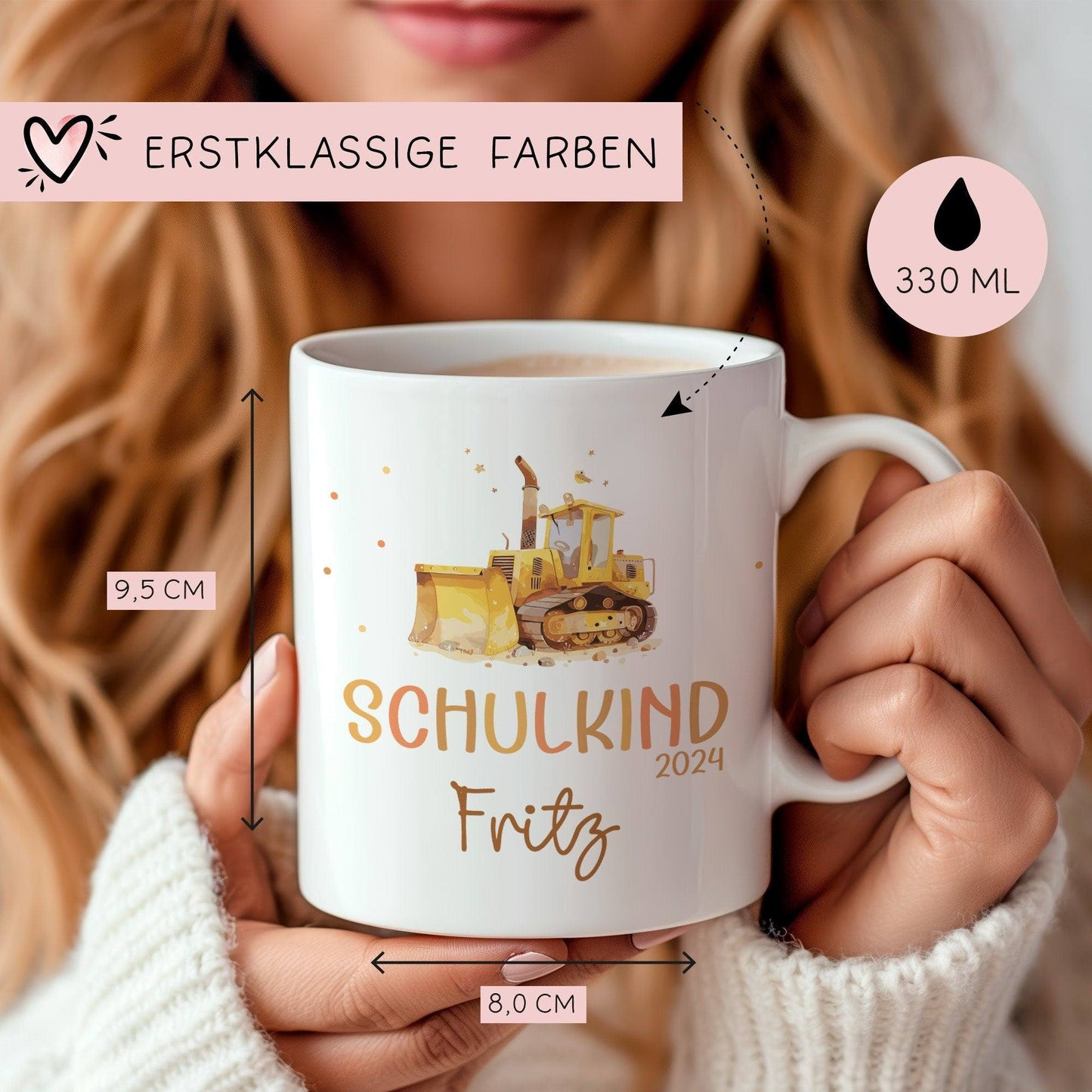 Schulkind 2024 Tasse Kindertasse, Wunschnamen Bagger Motiv, Personalisierte Einschulung Geschenk  kleinebuchstaben   