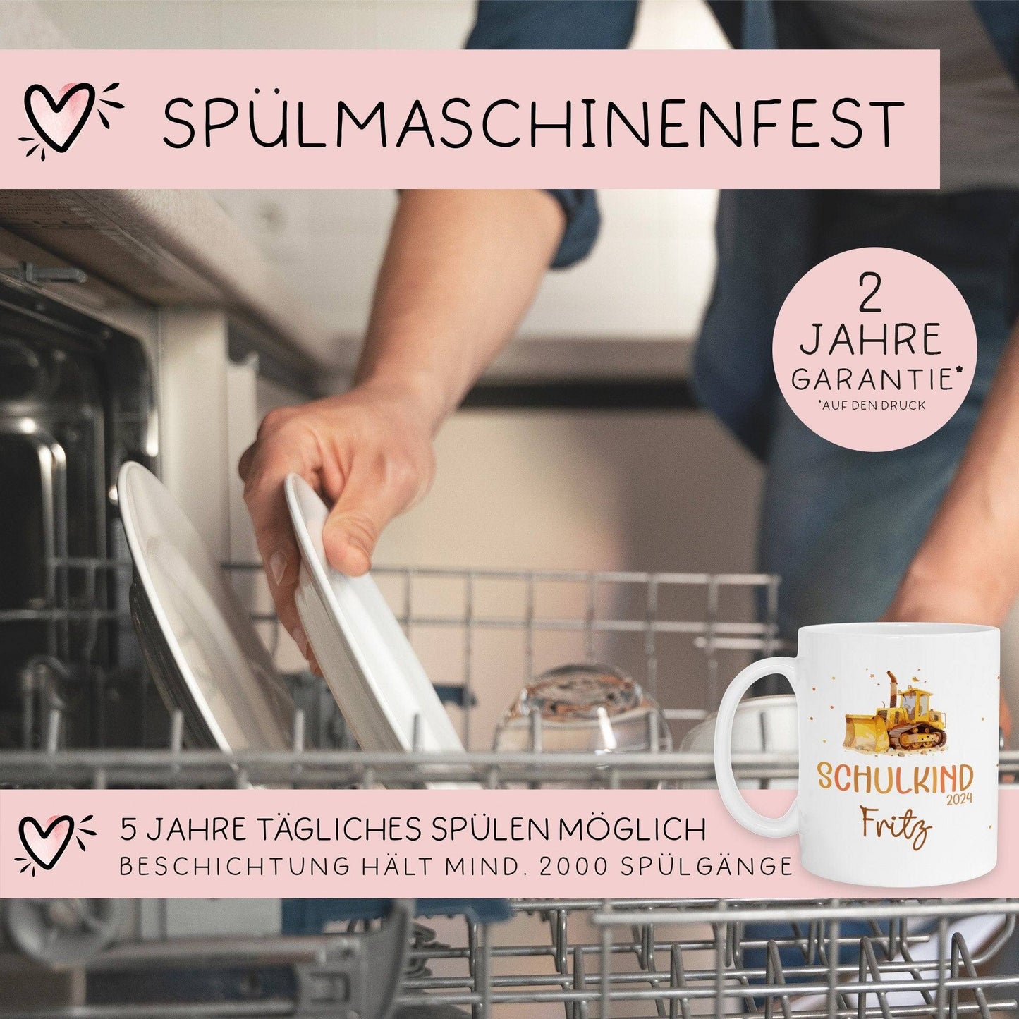 Schulkind 2024 Tasse Kindertasse, Wunschnamen Bagger Motiv, Personalisierte Einschulung Geschenk  kleinebuchstaben   