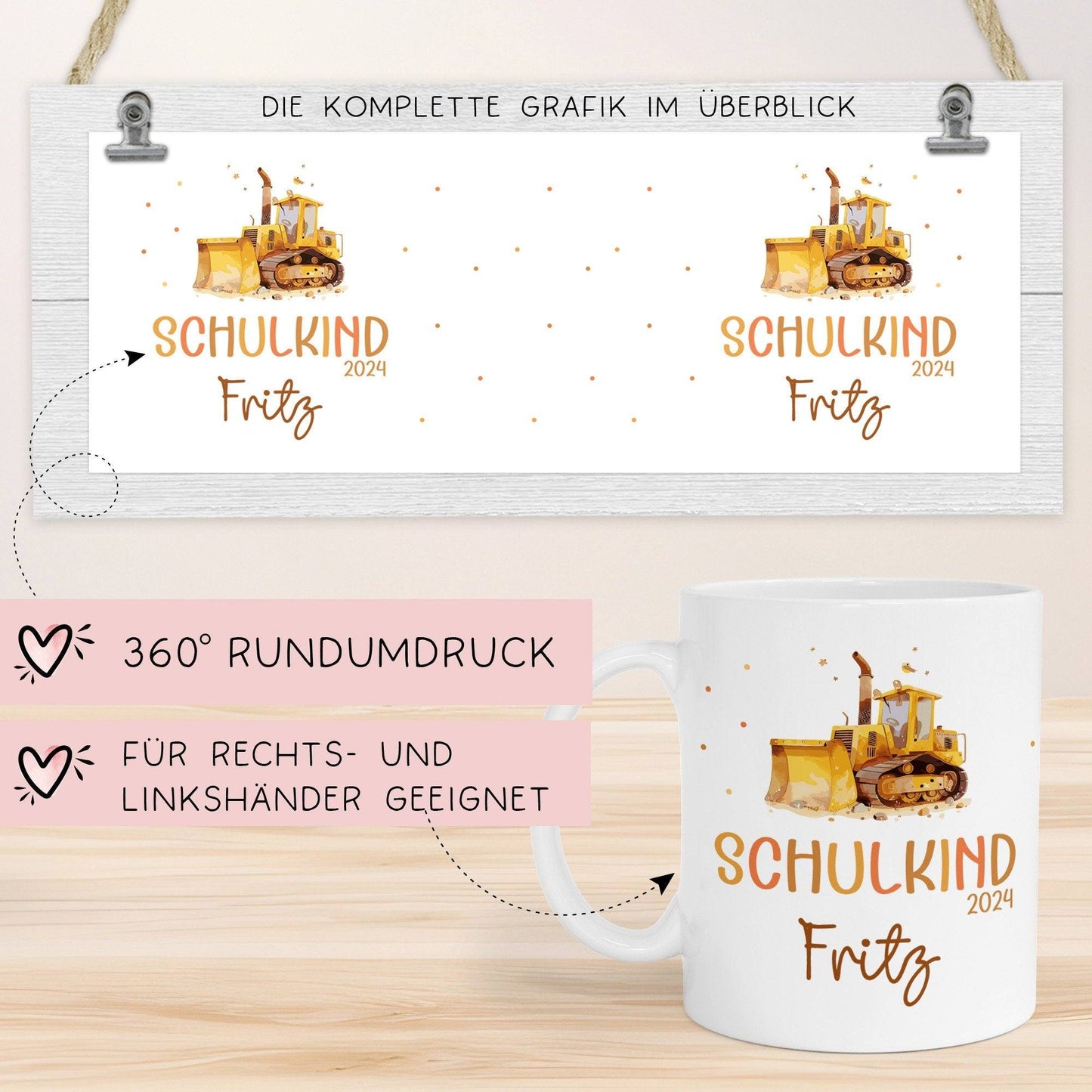 Schulkind 2024 Tasse Kindertasse, Wunschnamen Bagger Motiv, Personalisierte Einschulung Geschenk  kleinebuchstaben   