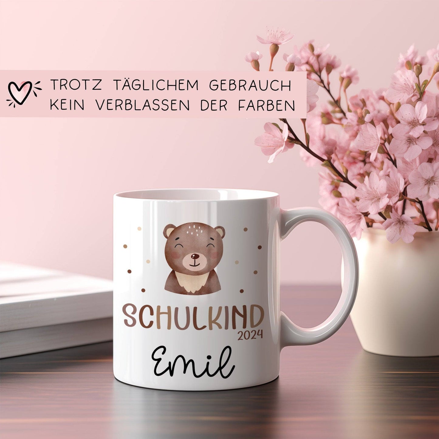 Schulkind 2024 Tasse, personalisierte Kindertasse mit Namen, Einschulungsgeschenk Bär  kleinebuchstaben   