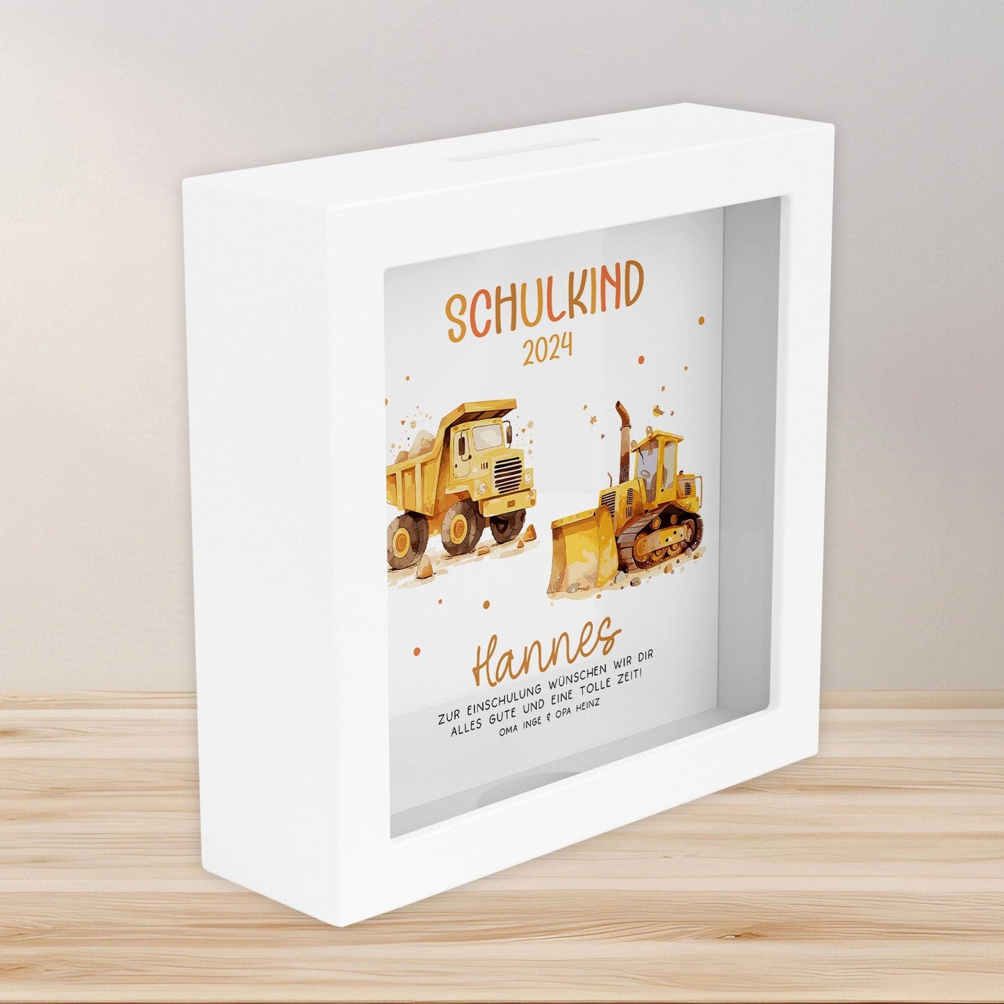 LKW & Kipper Spardose Schulkind 2024 mit Wunschname Fee Name Kind personalisiert Kinder Geburtstagsgeschenk Einschulung mit Wunschtext  kleinebuchstaben   