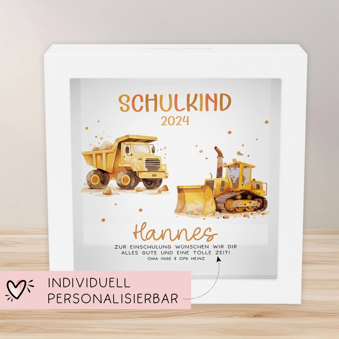 LKW & Kipper Spardose Schulkind 2024 mit Wunschname Fee Name Kind personalisiert Kinder Geburtstagsgeschenk Einschulung mit Wunschtext  kleinebuchstaben   